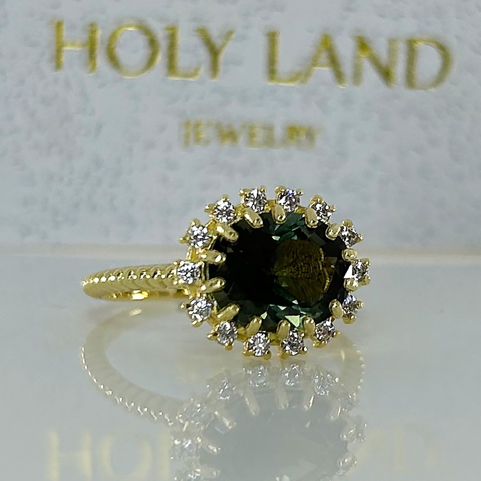 Green Tourmaline Ring - Engagement Ring with Oval Green Tourmaline Gemstone and Clear Quartz Halo - H.L.Jewelry