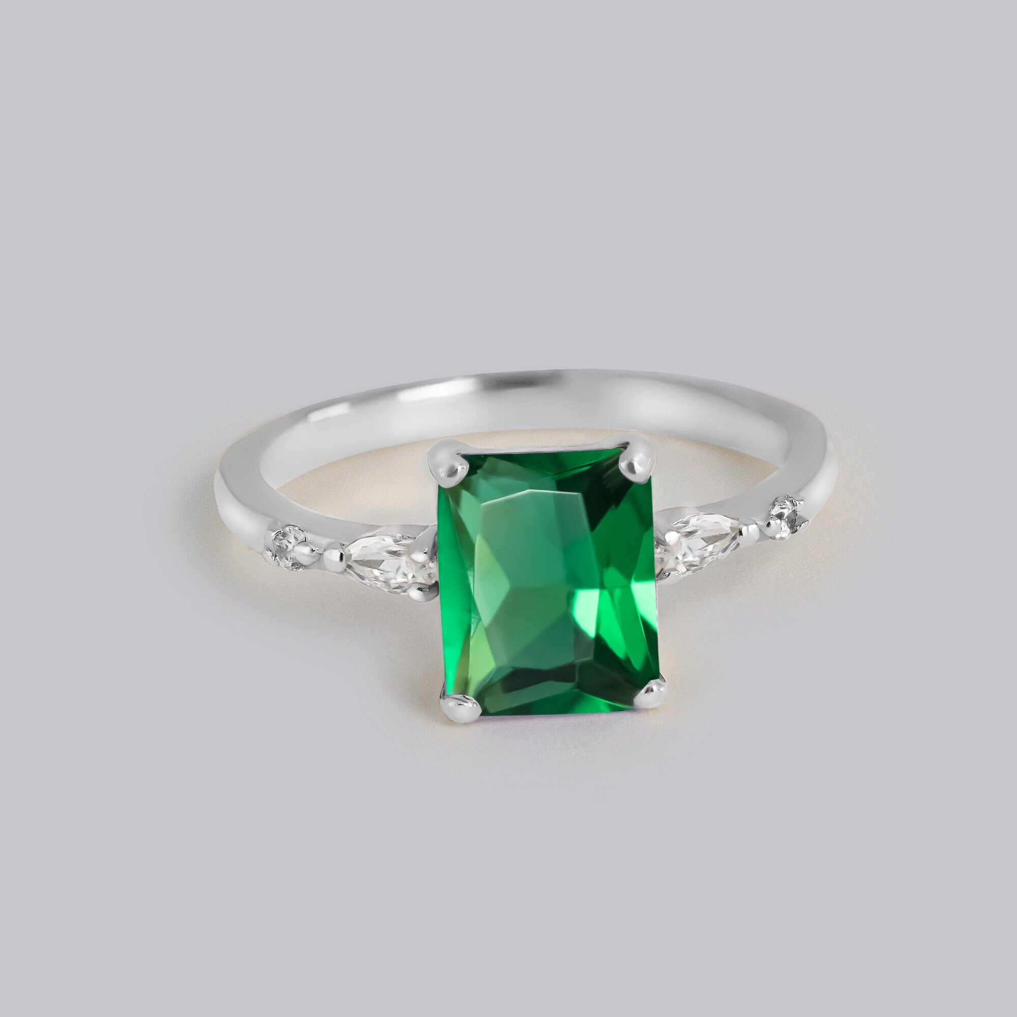 Emerald Ring - May Birthstone - Statement Engagement Ring with Octagon Emerald Gemstone and Clear Quartz Accents - H.L.Jewelry