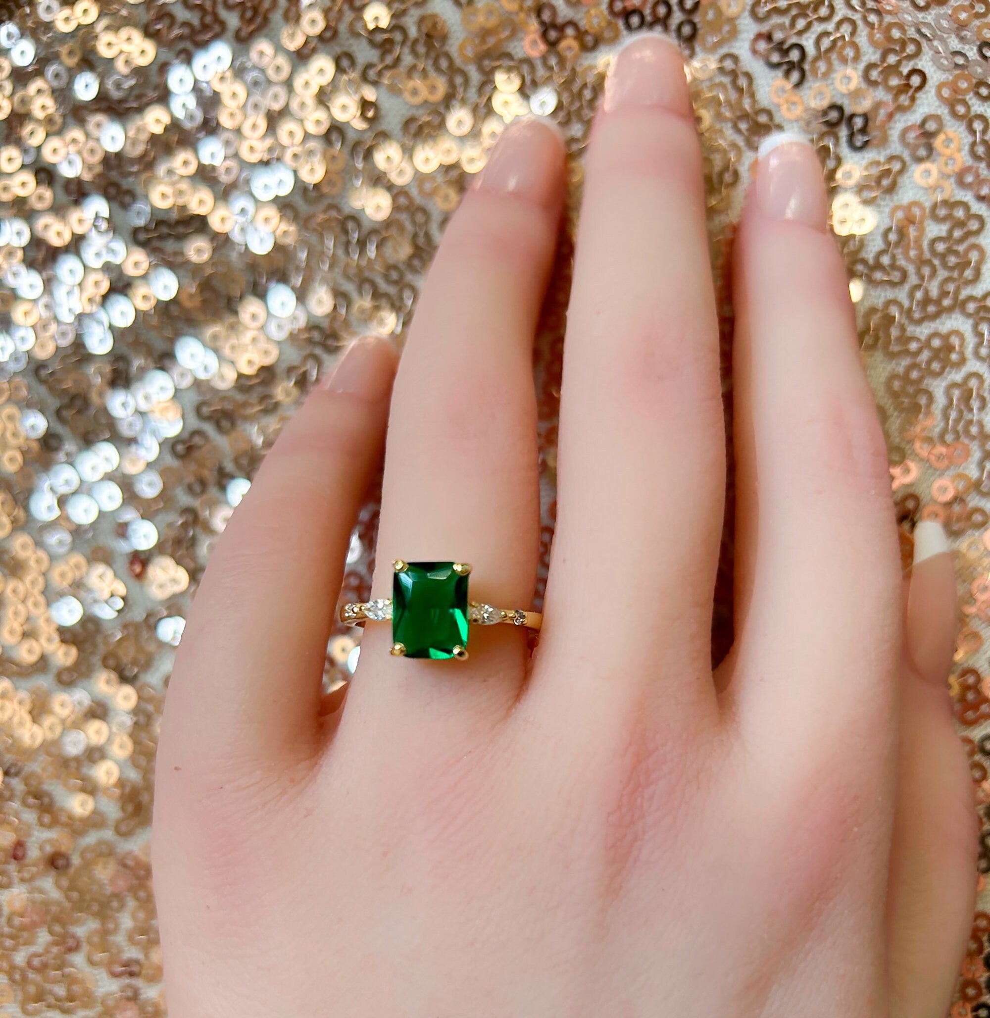 Emerald Ring - May Birthstone - Statement Engagement Ring with Octagon Emerald Gemstone and Clear Quartz Accents - H.L.Jewelry