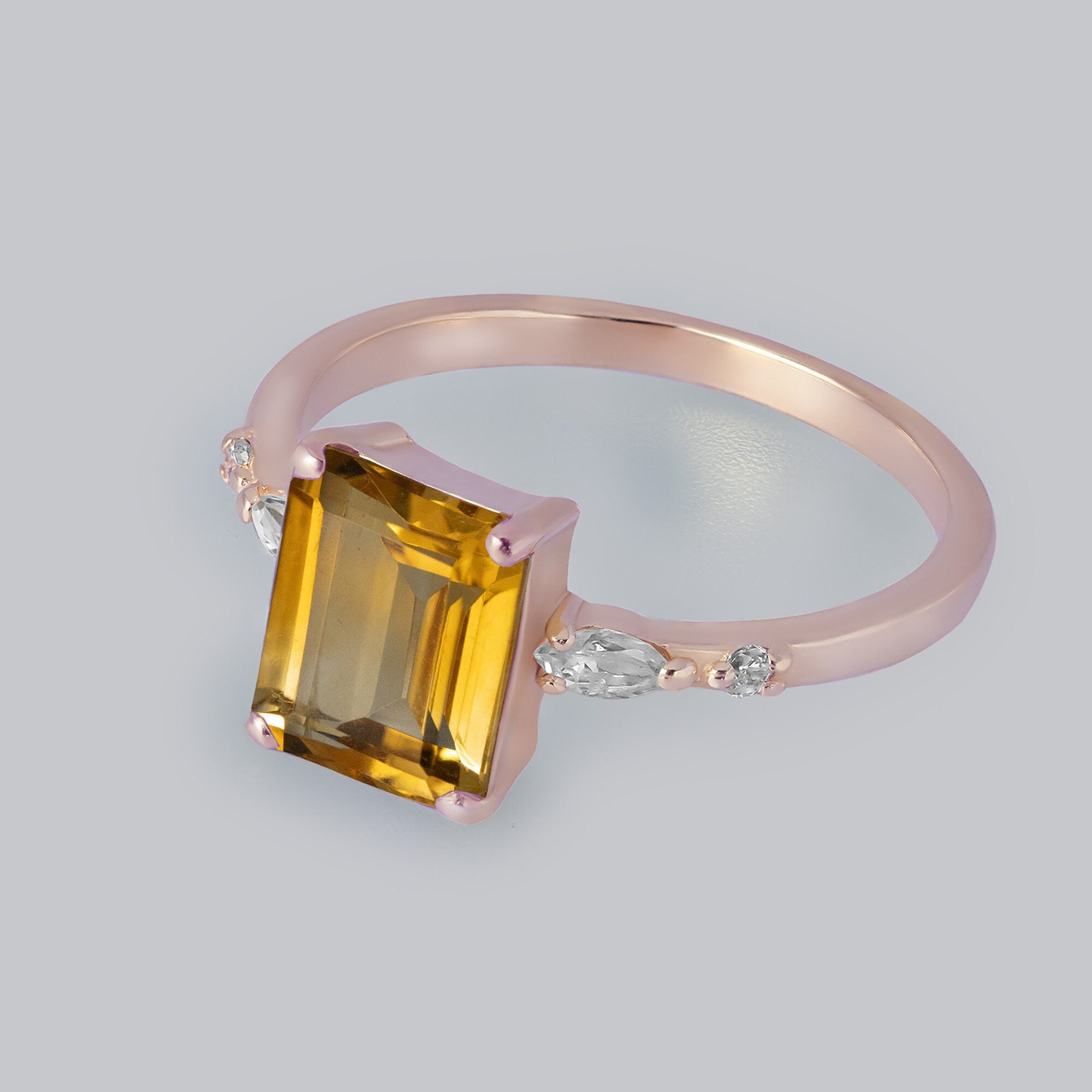 Citrine ring - November Birthstone Jewelry - Octagon Citrine Gemstone Statement Engagement Ring with Clear Quartz Accents - H.L.Jewelry