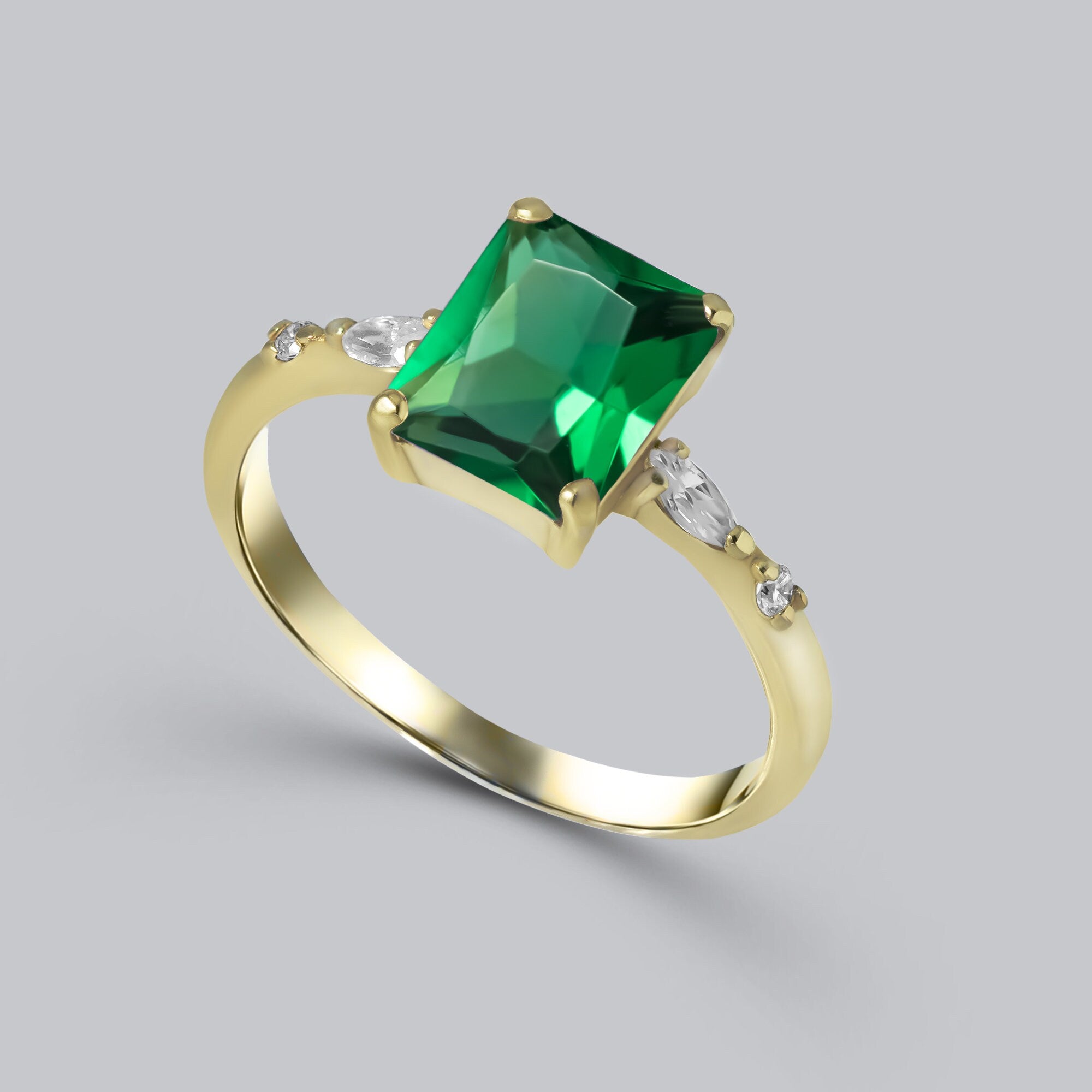 Emerald Ring - May Birthstone - Statement Engagement Ring with Octagon Emerald Gemstone and Clear Quartz Accents - H.L.Jewelry