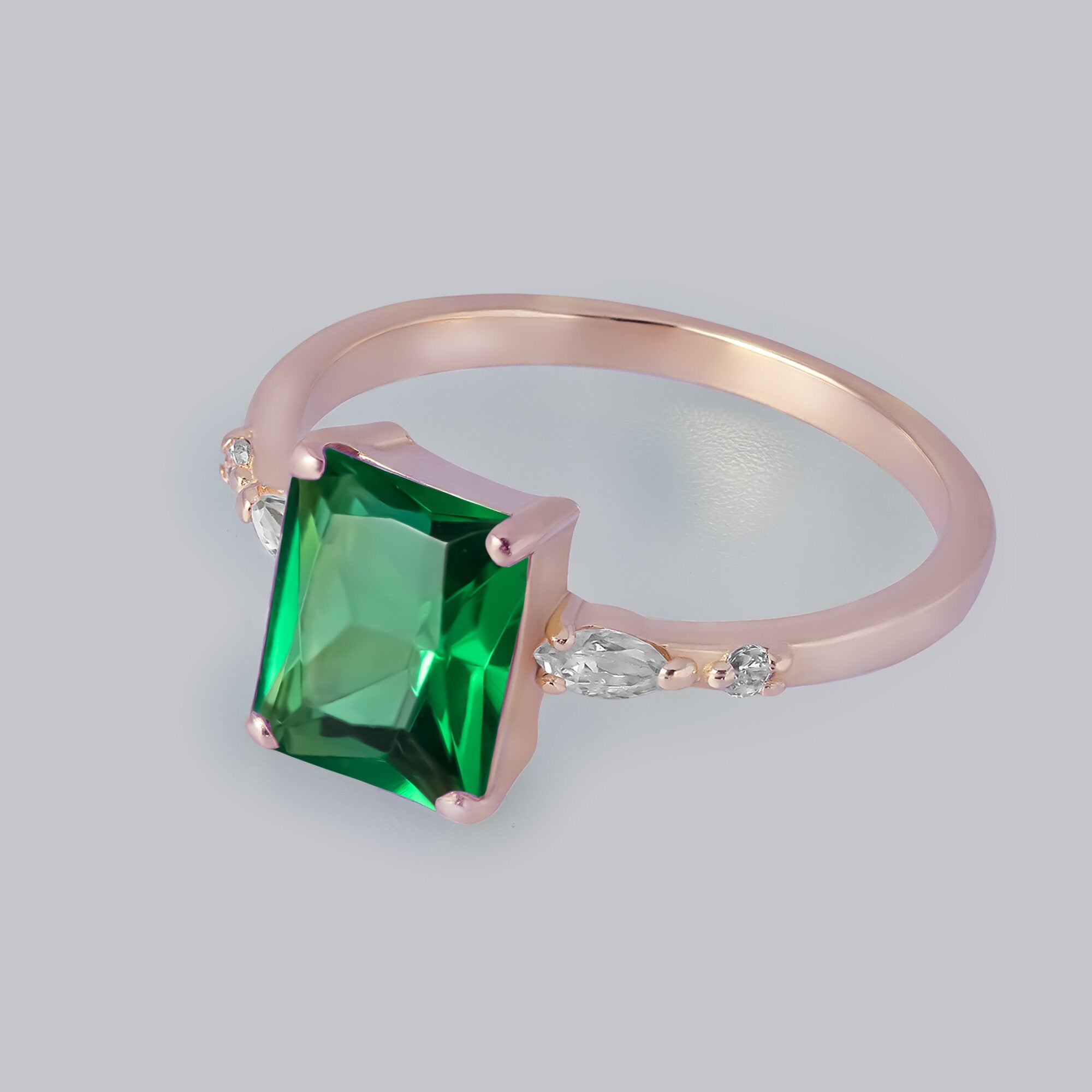 Emerald Ring - May Birthstone - Statement Engagement Ring with Octagon Emerald Gemstone and Clear Quartz Accents - H.L.Jewelry