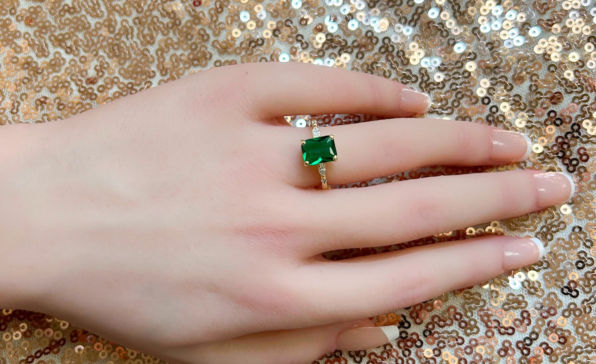 Emerald Ring - May Birthstone - Statement Engagement Ring with Octagon Emerald Gemstone and Clear Quartz Accents - H.L.Jewelry