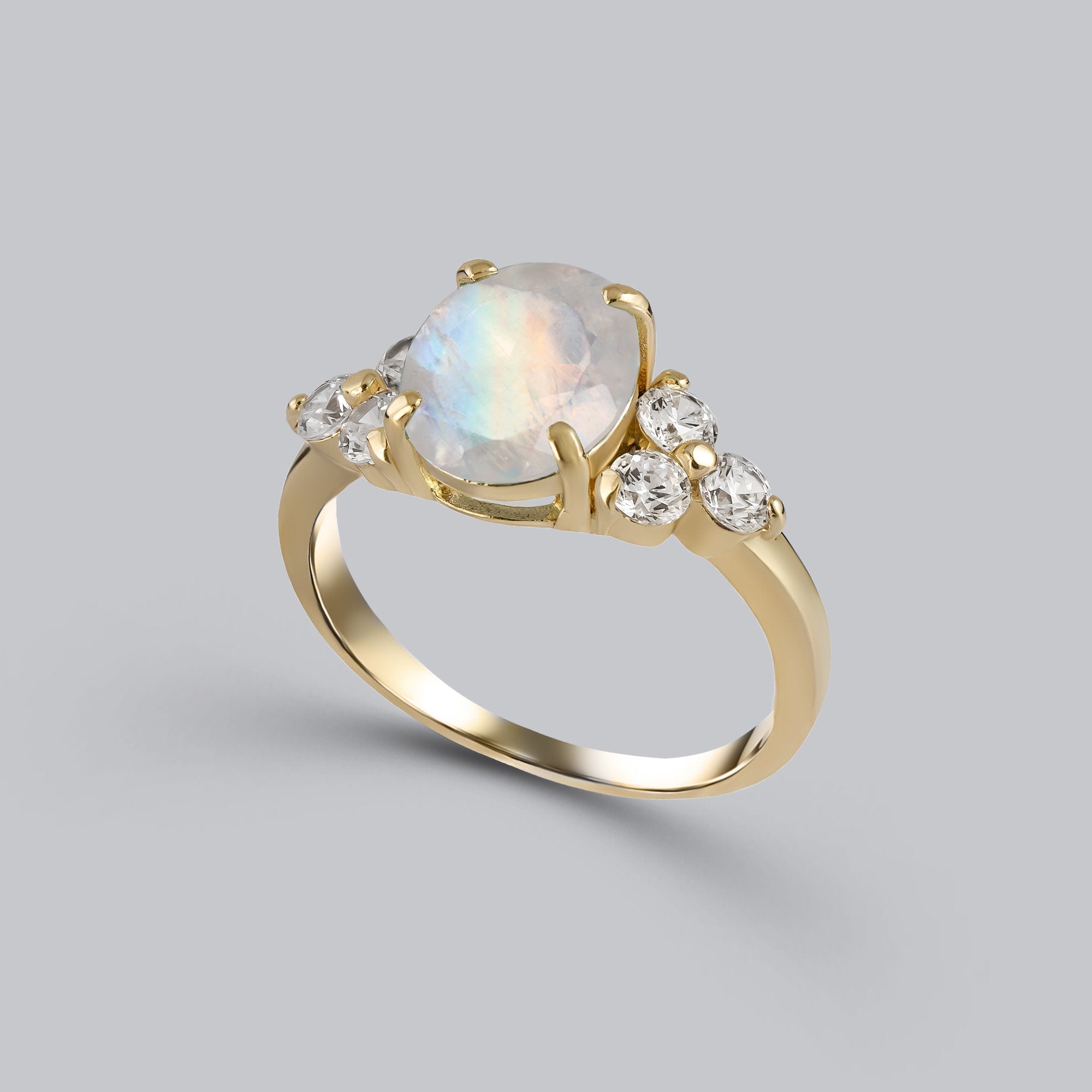 Rainbow Moonstone Ring - June Birthstone - Oval Rainbow Moonstone Statement Engagement Ring with Clear Quartz Accents - H.L.Jewelry