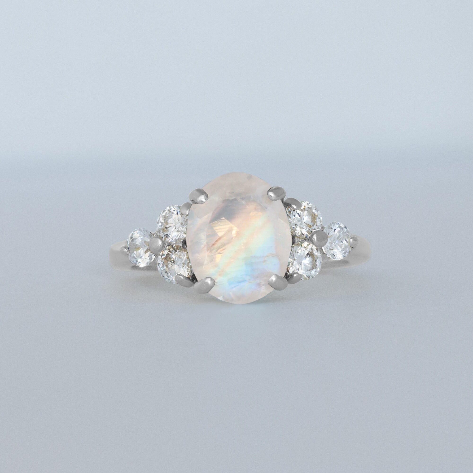 Rainbow Moonstone Ring - June Birthstone - Oval Rainbow Moonstone Statement Engagement Ring with Clear Quartz Accents - H.L.Jewelry