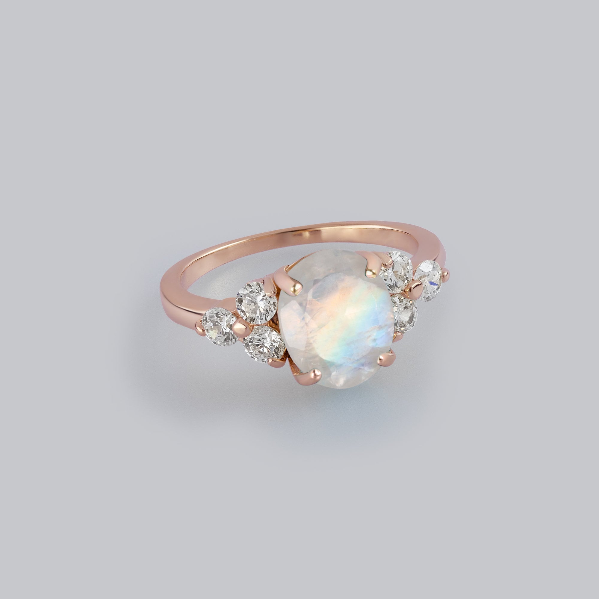 Rainbow Moonstone Ring - June Birthstone - Oval Rainbow Moonstone Statement Engagement Ring with Clear Quartz Accents - H.L.Jewelry