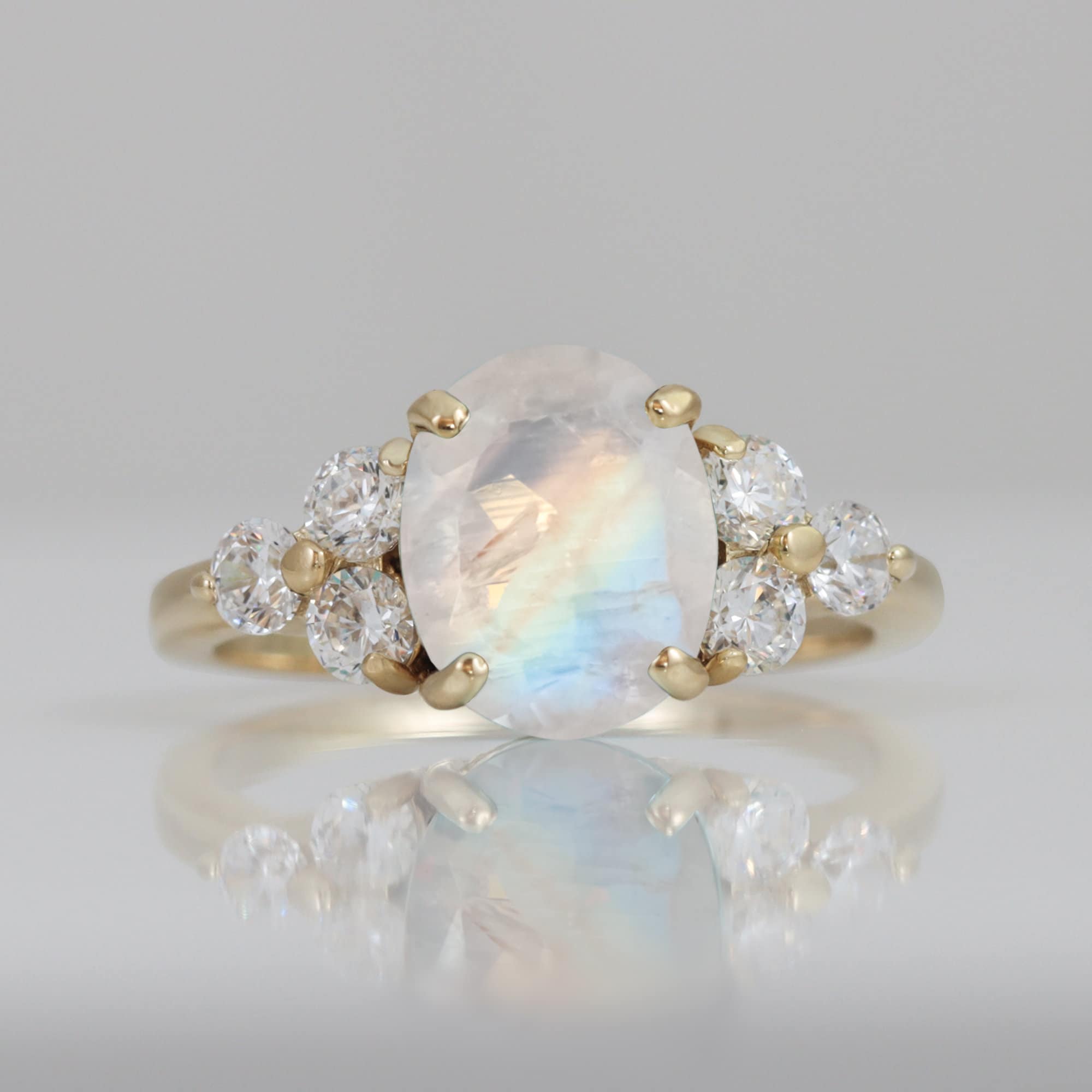 Rainbow Moonstone Ring - June Birthstone - Oval Rainbow Moonstone Statement Engagement Ring with Clear Quartz Accents - H.L.Jewelry