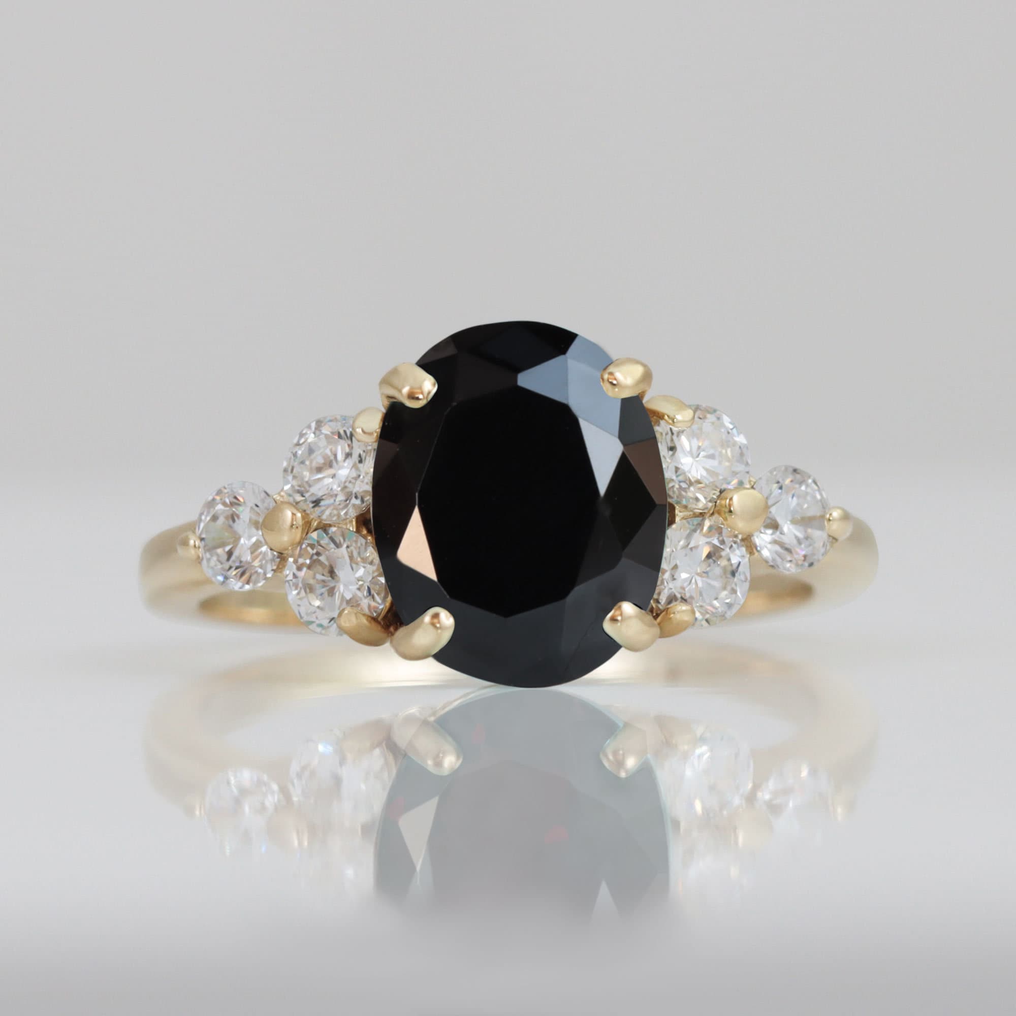 Black Onyx Ring - December Birthstone - Statement Engagement Ring with Oval Black Onyx Gemstone and Clear Quartz Accents - H.L.Jewelry