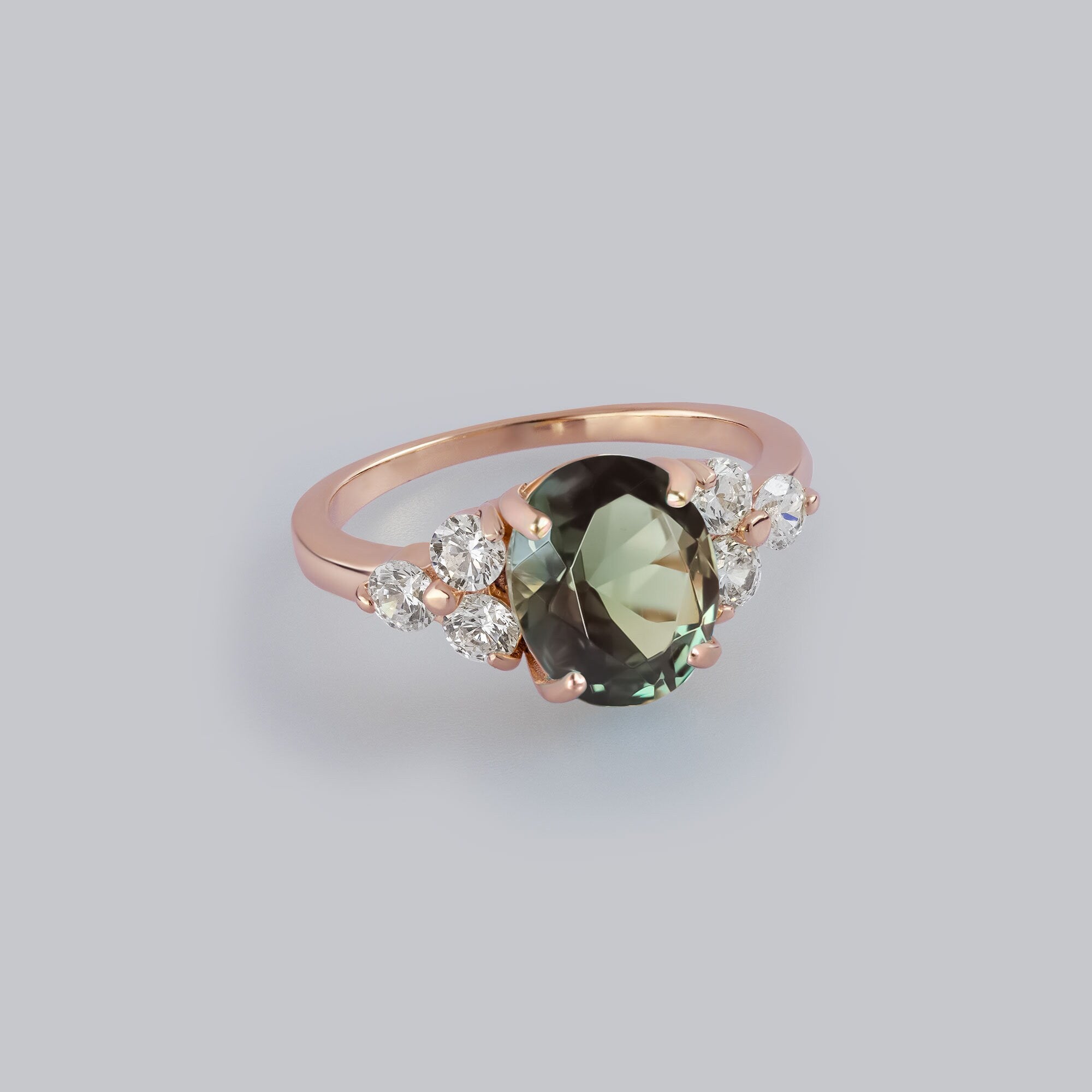 Green Tourmaline Ring - Statement Engagement Ring with Oval Green Tourmaline Gemstone and Clear Quartz Accents - H.L.Jewelry