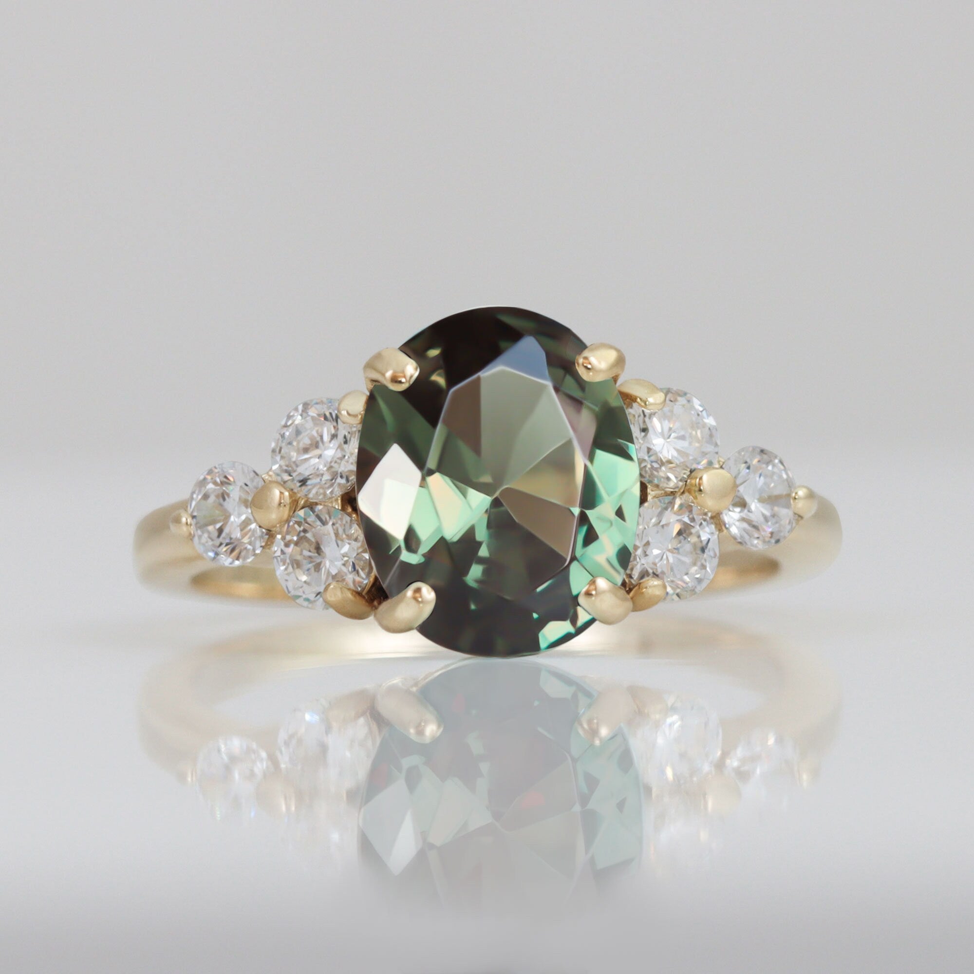 Green Tourmaline Ring - Statement Engagement Ring with Oval Green Tourmaline Gemstone and Clear Quartz Accents - H.L.Jewelry