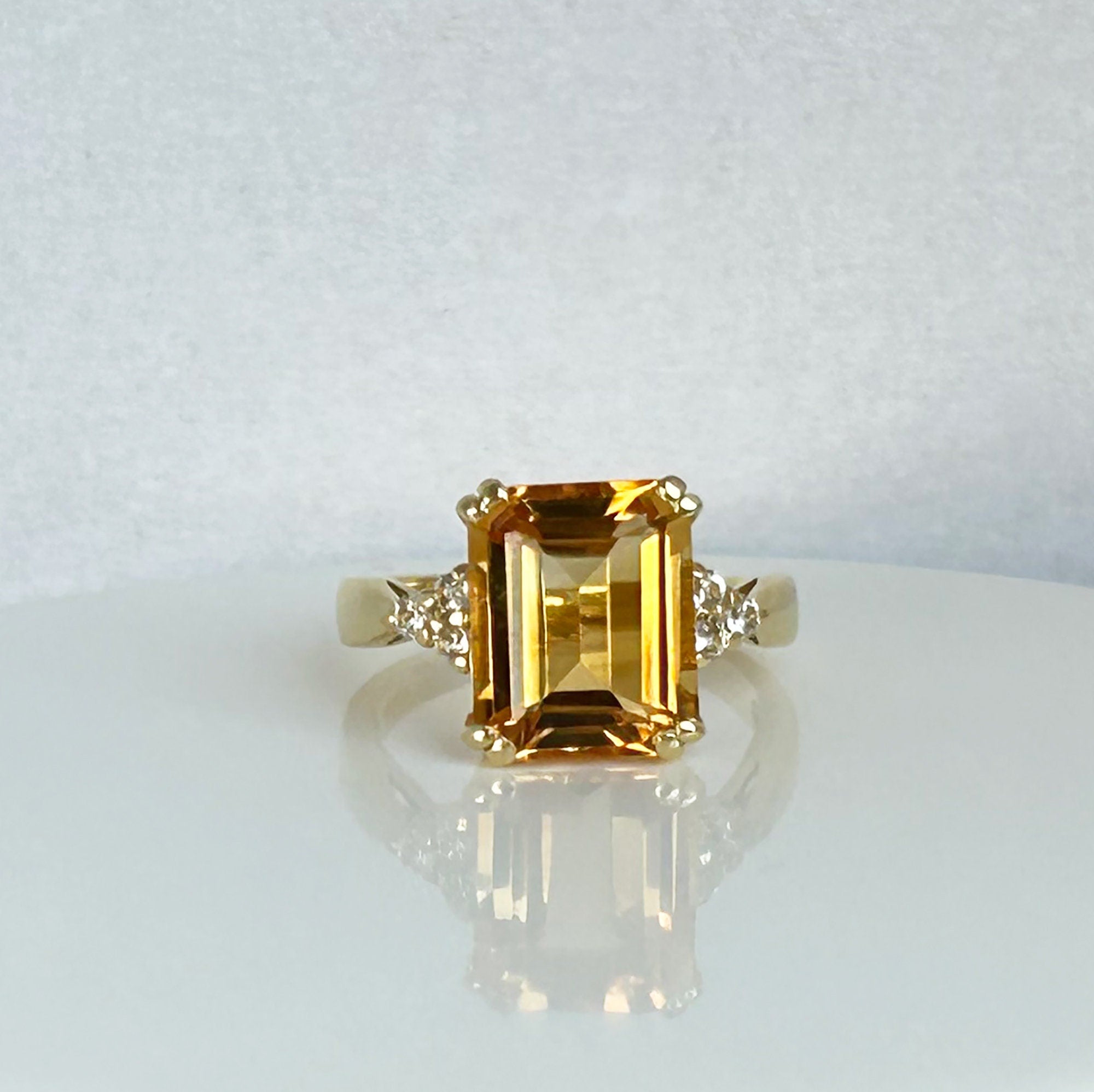 Citrine ring - November Birthstone - Octagon Citrine Gemstone Statement Engagement Ring with Clear Quartz Accents - H.L.Jewelry