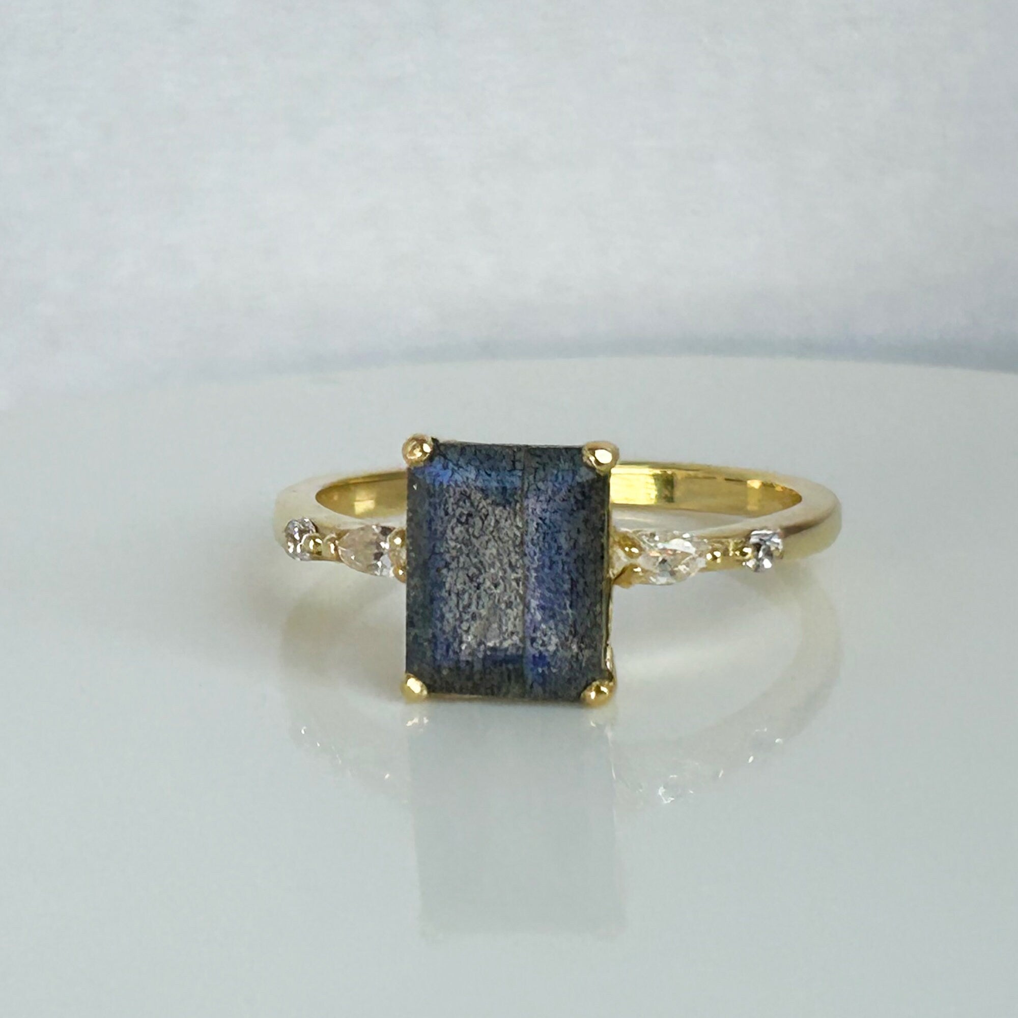 Labradorite Ring - Statement Engagement Ring with Octagon Labradorite Gemstone and Clear Quartz Accents - H.L.Jewelry