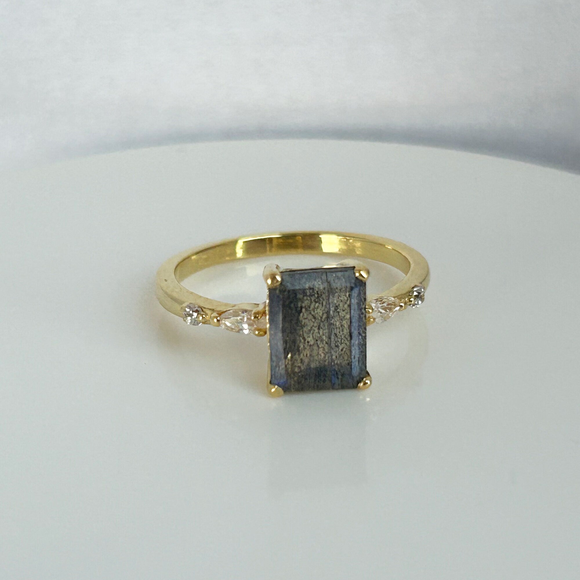 Labradorite Ring - Statement Engagement Ring with Octagon Labradorite Gemstone and Clear Quartz Accents - H.L.Jewelry