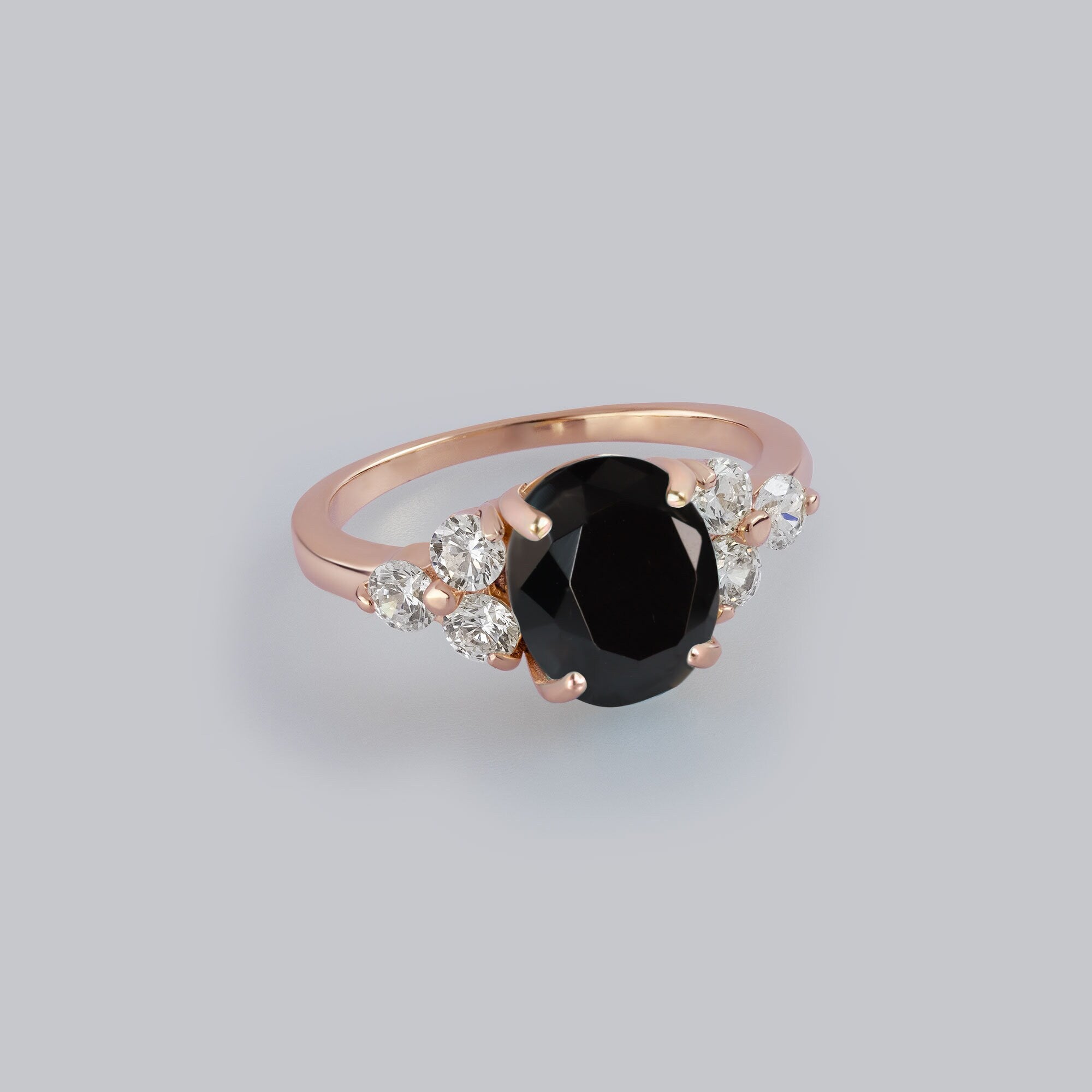 Black Onyx Ring - December Birthstone - Statement Engagement Ring with Oval Black Onyx Gemstone and Clear Quartz Accents - H.L.Jewelry