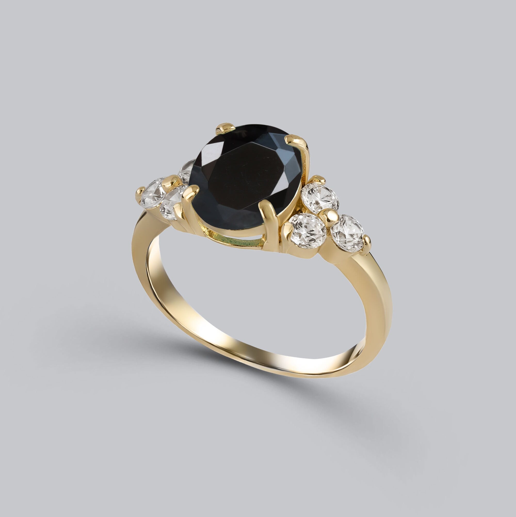 Black Onyx Ring - December Birthstone - Statement Engagement Ring with Oval Black Onyx Gemstone and Clear Quartz Accents - H.L.Jewelry