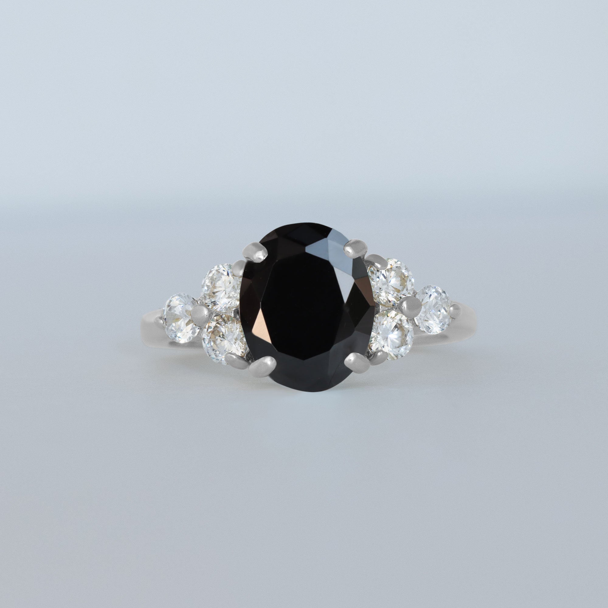 Black Onyx Ring - December Birthstone - Statement Engagement Ring with Oval Black Onyx Gemstone and Clear Quartz Accents - H.L.Jewelry