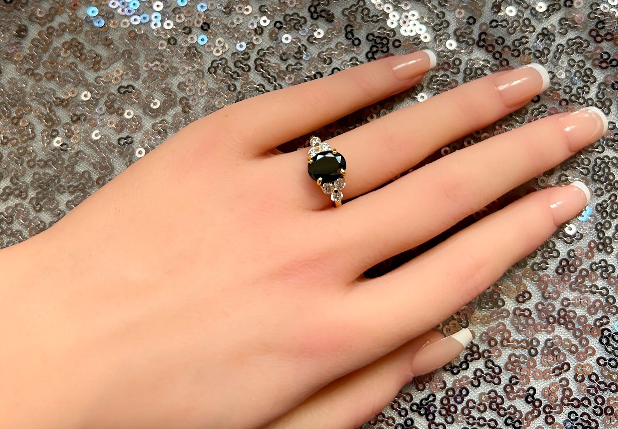 Black Onyx Ring - December Birthstone - Statement Engagement Ring with Oval Black Onyx Gemstone and Clear Quartz Accents - H.L.Jewelry