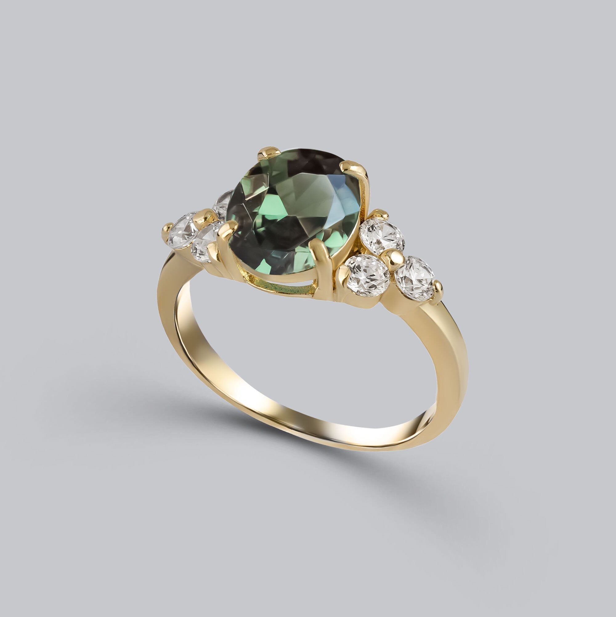 Green Tourmaline Ring - Statement Engagement Ring with Oval Green Tourmaline Gemstone and Clear Quartz Accents - H.L.Jewelry