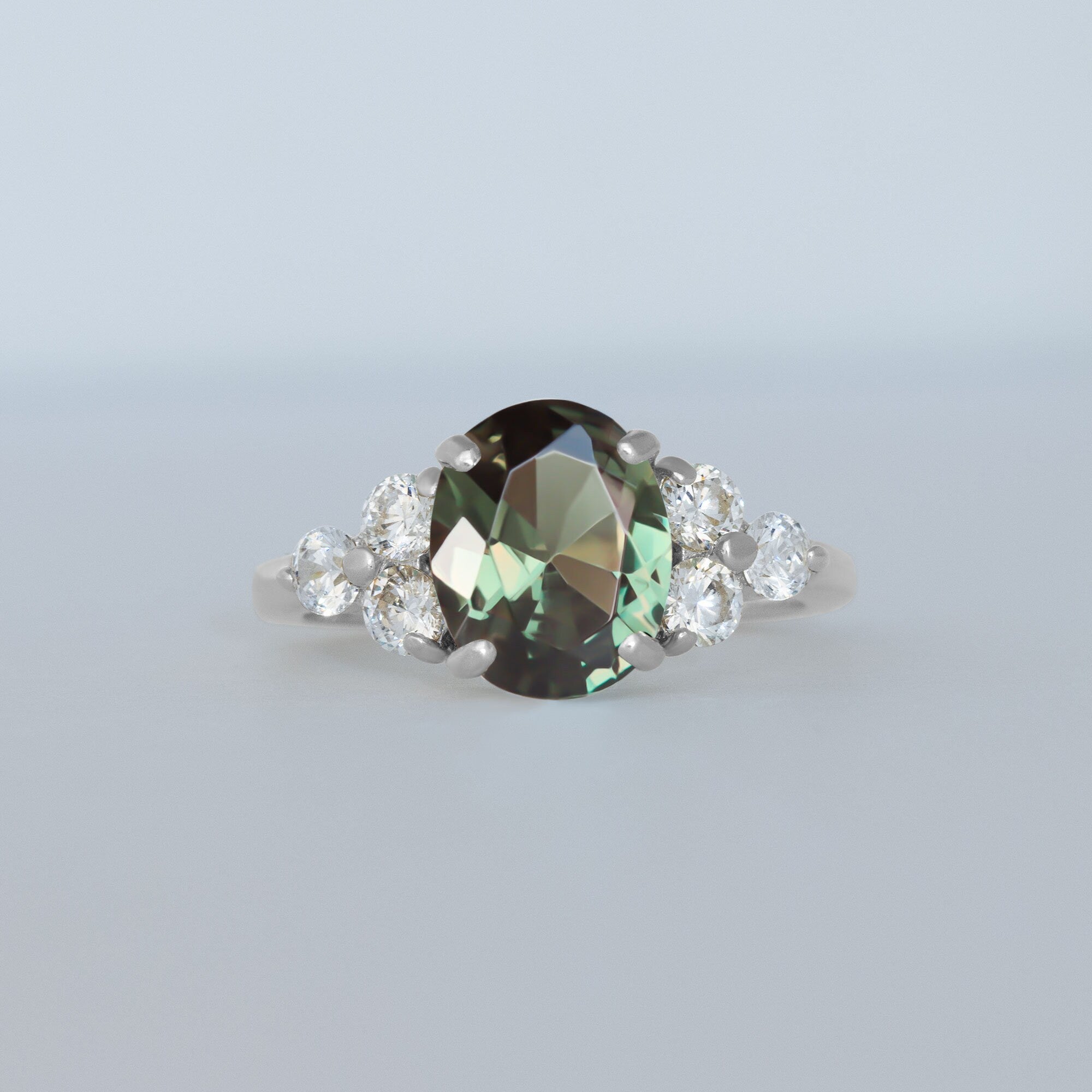 Green Tourmaline Ring - Statement Engagement Ring with Oval Green Tourmaline Gemstone and Clear Quartz Accents - H.L.Jewelry