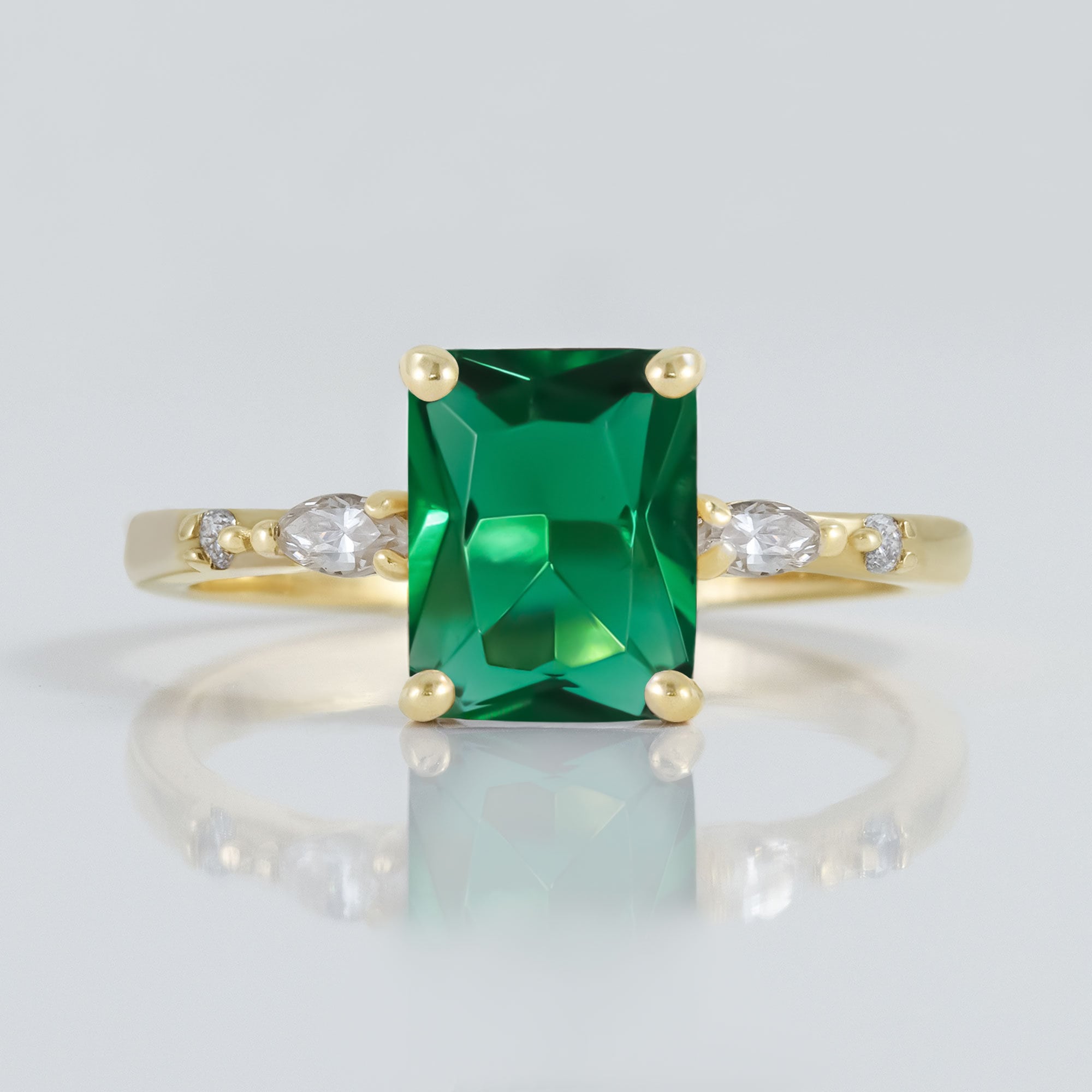 Emerald Ring - May Birthstone - Statement Engagement Ring with Octagon Emerald Gemstone and Clear Quartz Accents - H.L.Jewelry