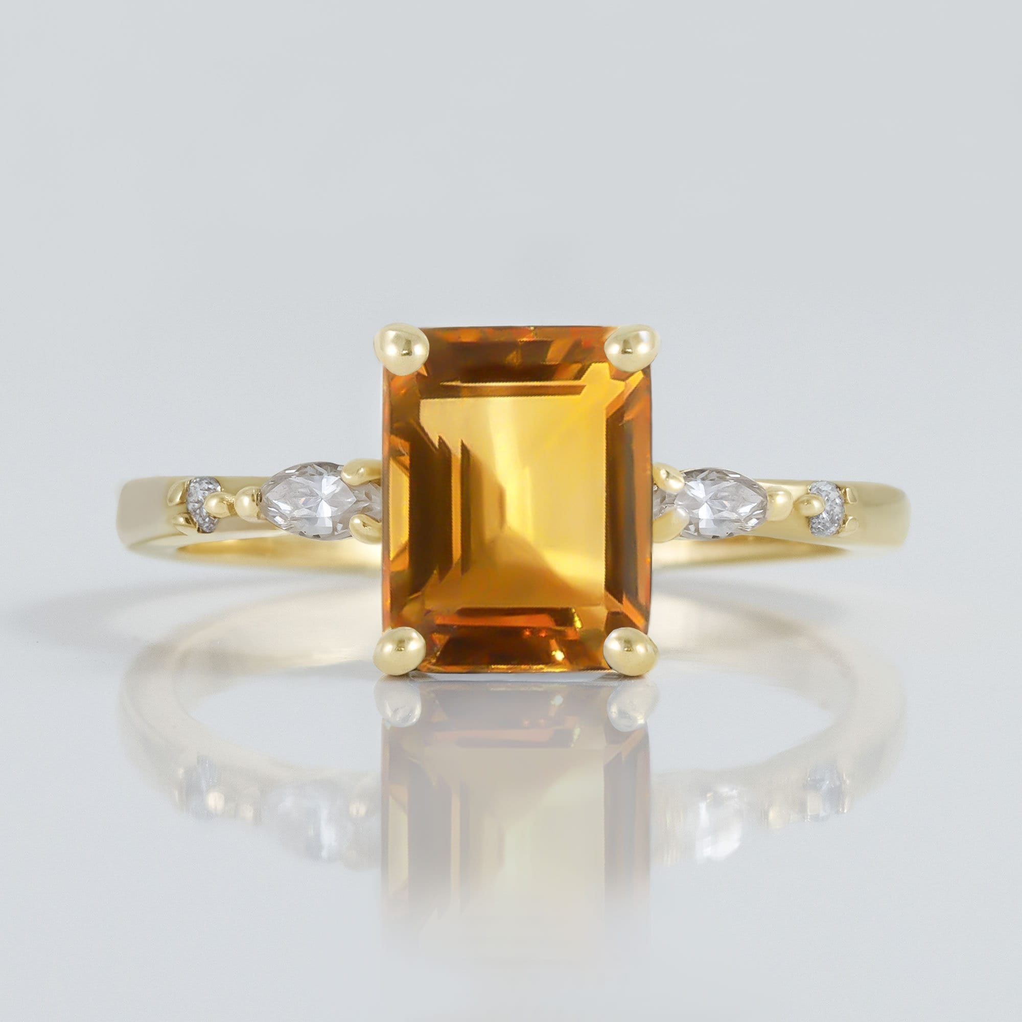 Citrine ring - November Birthstone Jewelry - Octagon Citrine Gemstone Statement Engagement Ring with Clear Quartz Accents - H.L.Jewelry