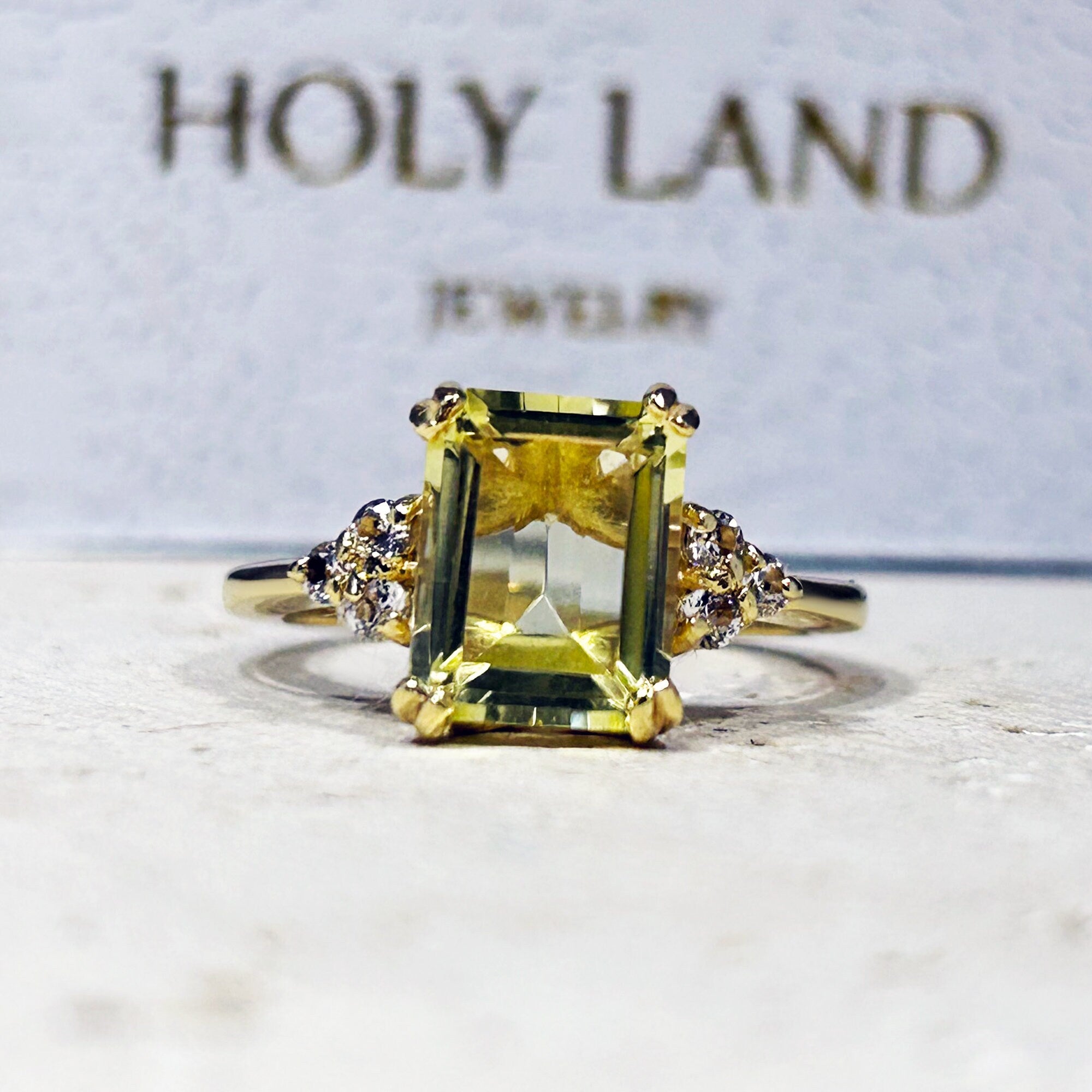 Lemon Quartz Ring - Statement Engagement Ring with Octagon Lemon Quartz Gemstone and Clear Quartz Accents - H.L.Jewelry