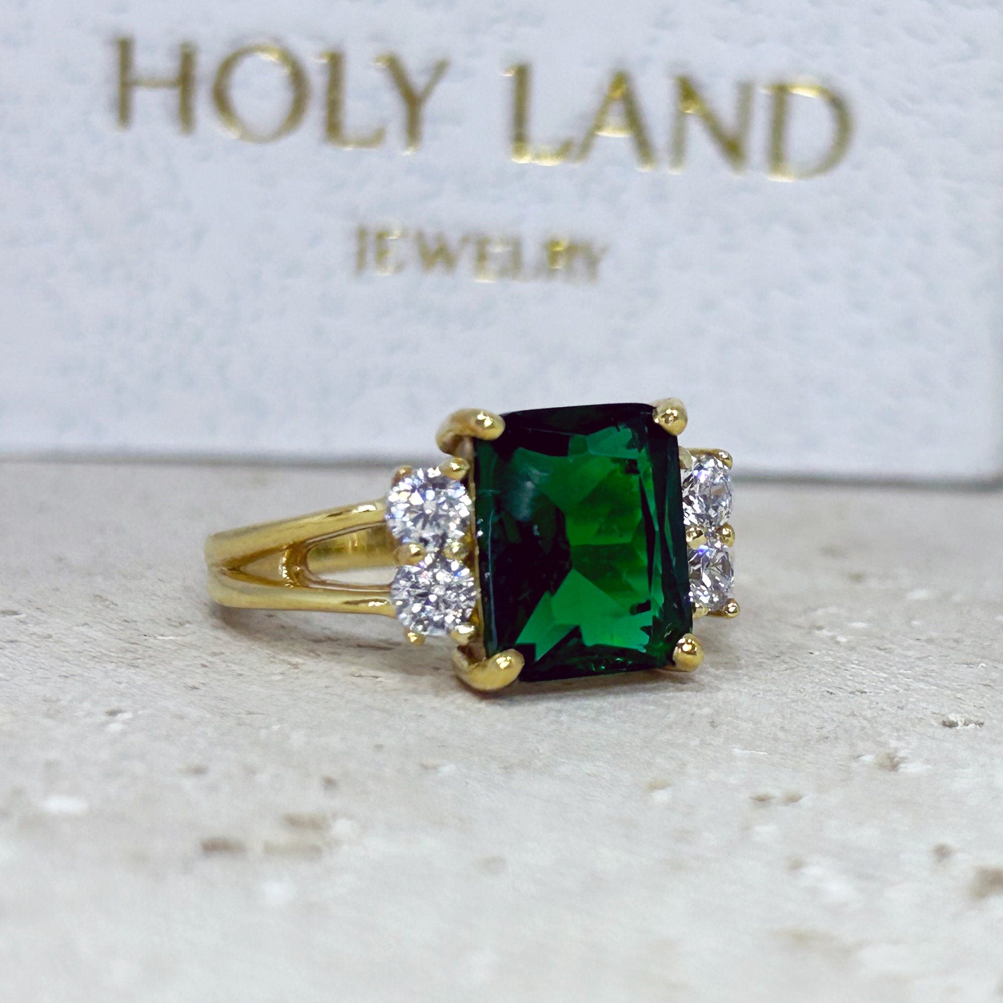 Emerald Ring - May Birthstone - Statement Engagement Ring with Octagon Emerald Gemstone and Clear Quartz Accents - H.L.Jewelry