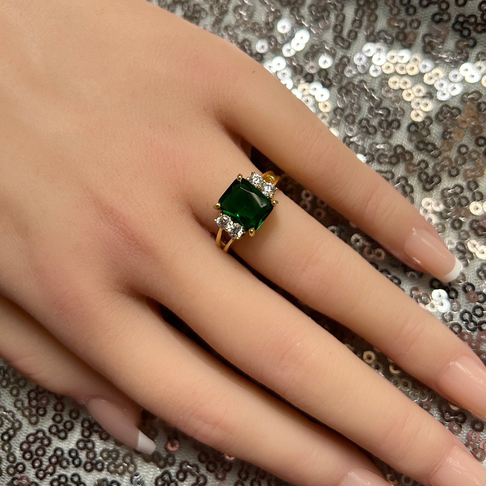 Emerald Ring - May Birthstone - Statement Engagement Ring with Octagon Emerald Gemstone and Clear Quartz Accents - H.L.Jewelry