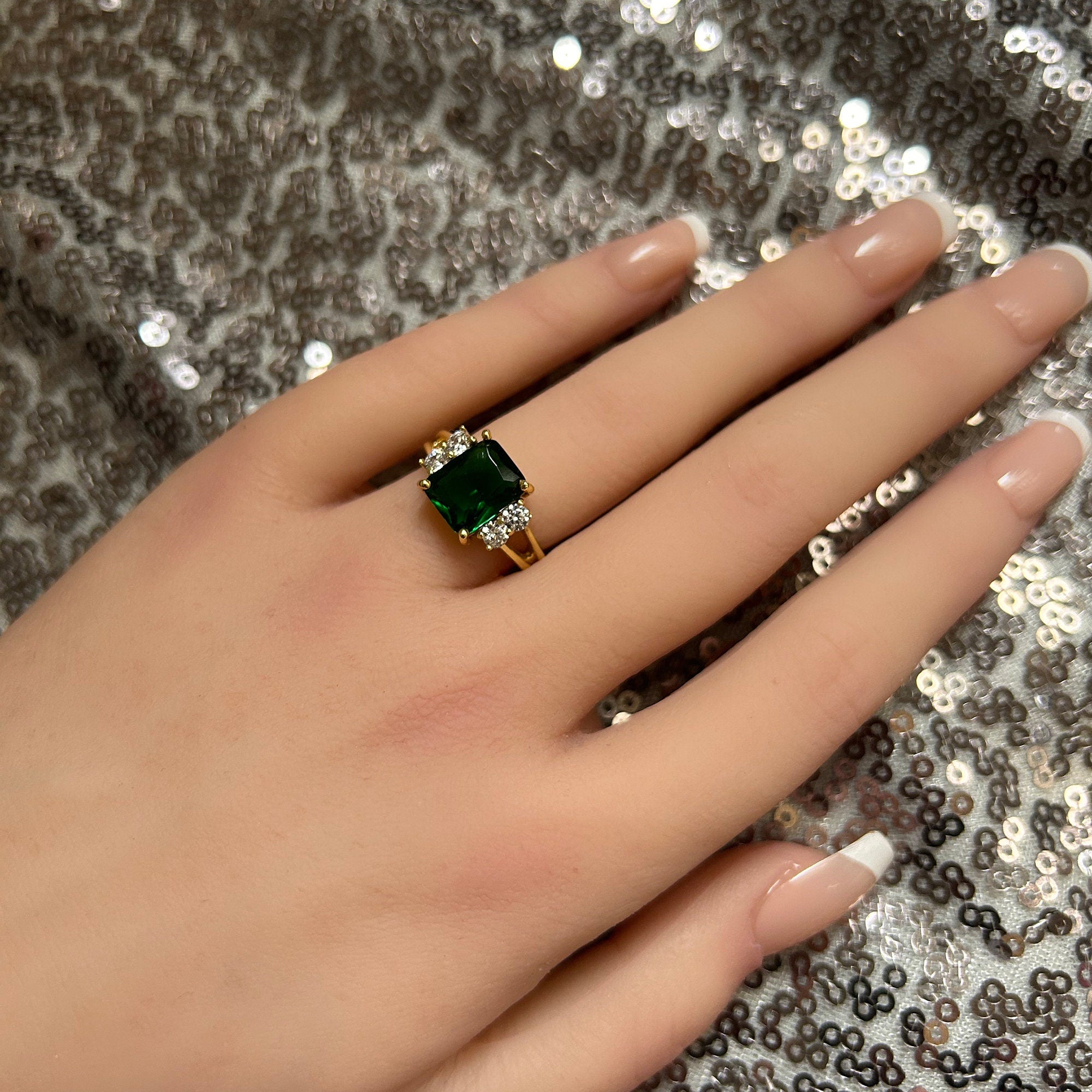 Emerald Ring - May Birthstone - Statement Engagement Ring with Octagon Emerald Gemstone and Clear Quartz Accents - H.L.Jewelry