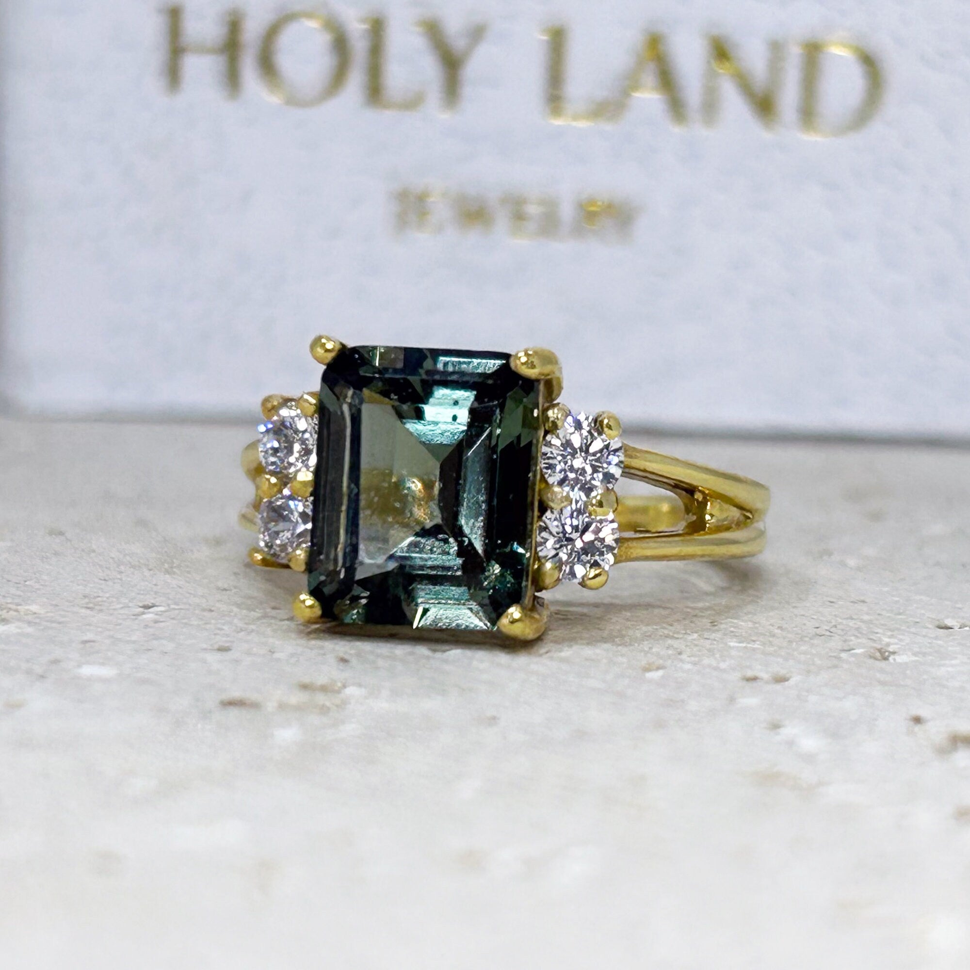 Green Tourmaline Ring - Statement Engagement Ring with Emerald Cut Green Tourmaline Gemstone and Clear Quartz Accents - H.L.Jewelry