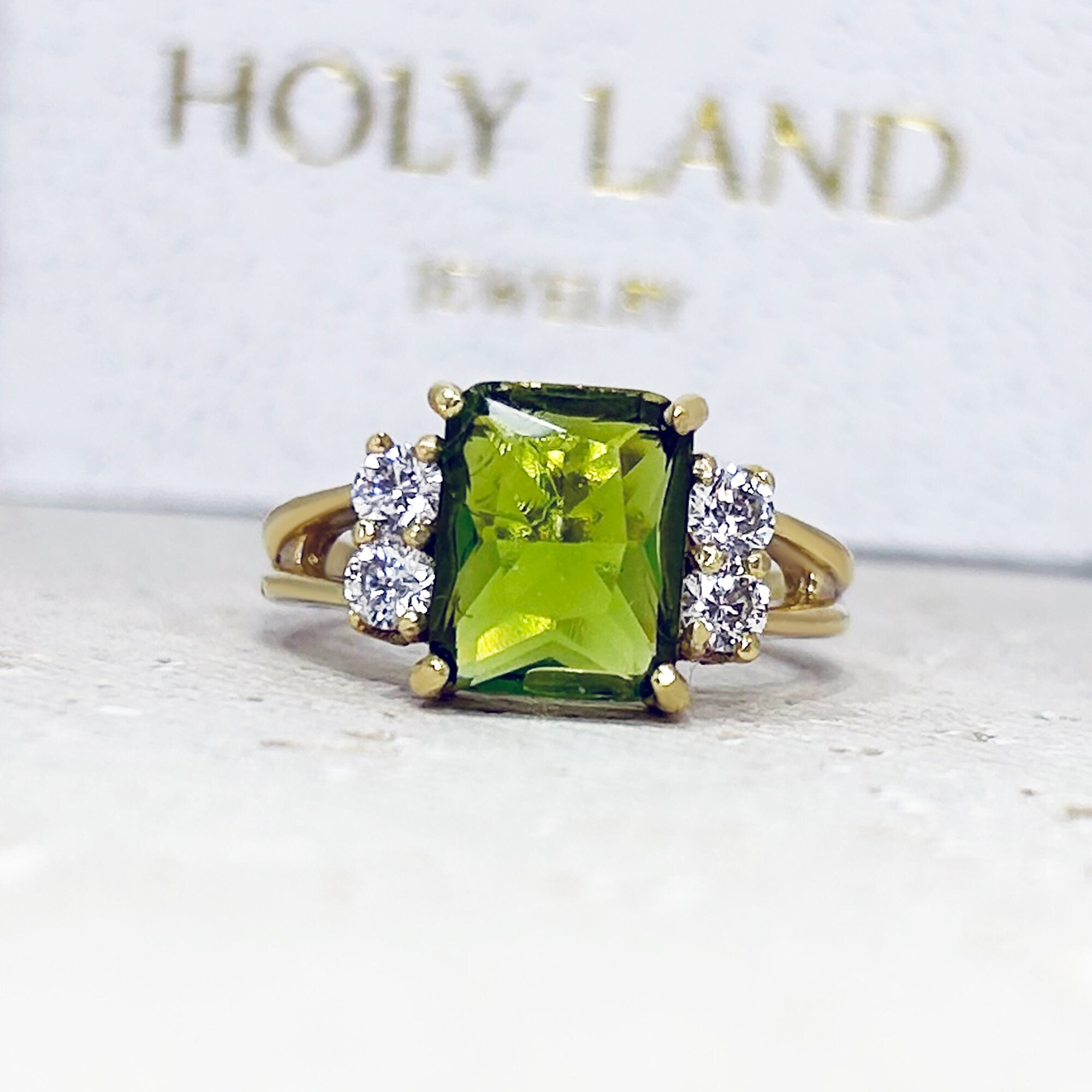 Peridot Ring - August Birthstone Jewelry - Statement Engagement Ring with Octagon Peridot Gemstone and Clear Quartz Accents - H.L.Jewelry