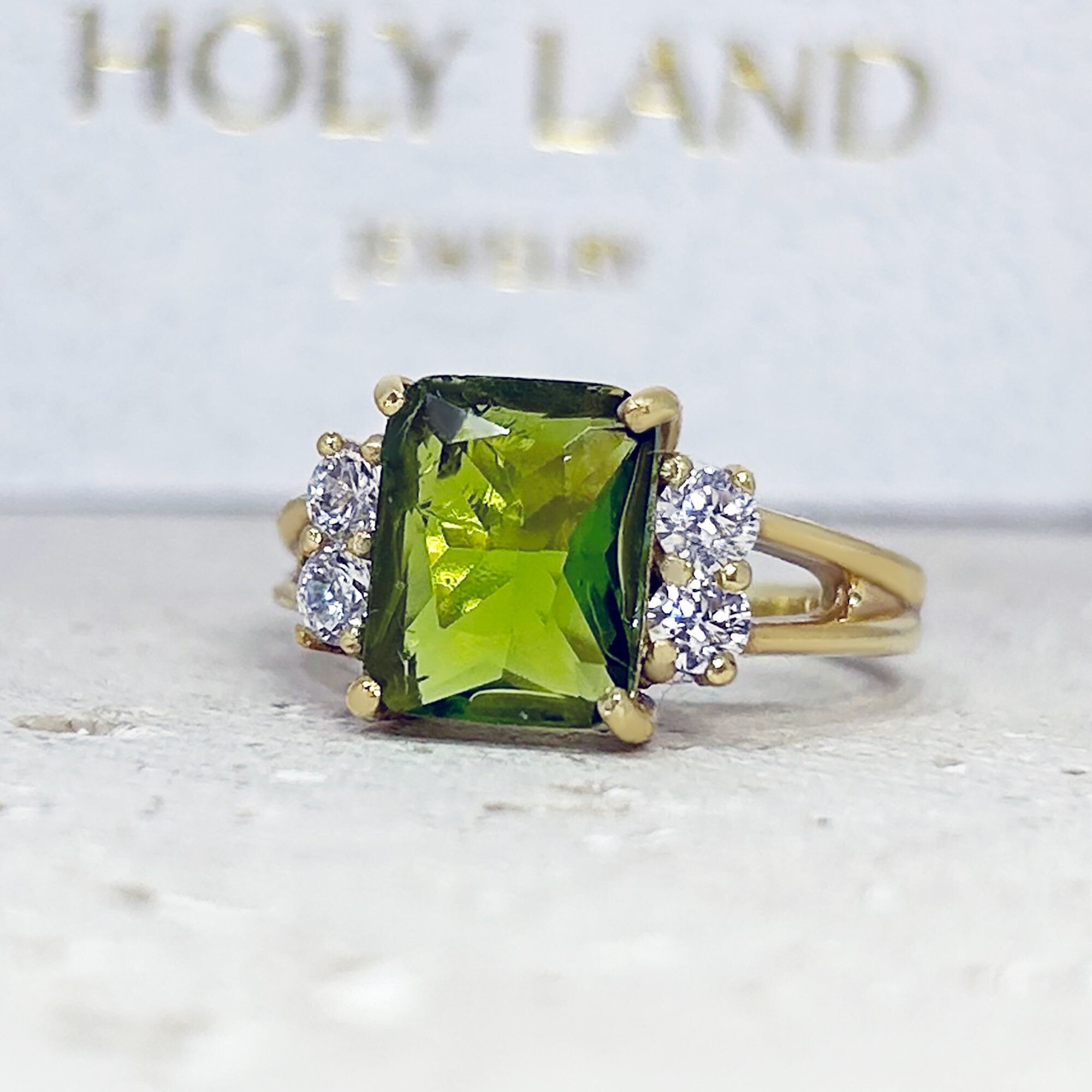 Peridot Ring - August Birthstone Jewelry - Statement Engagement Ring with Octagon Peridot Gemstone and Clear Quartz Accents - H.L.Jewelry