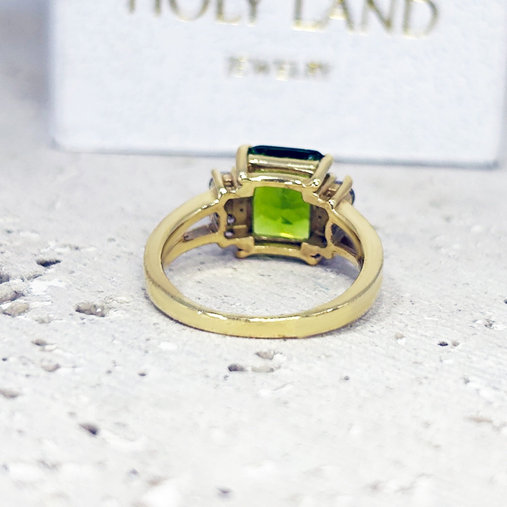 Peridot Ring - August Birthstone Jewelry - Statement Engagement Ring with Octagon Peridot Gemstone and Clear Quartz Accents - H.L.Jewelry