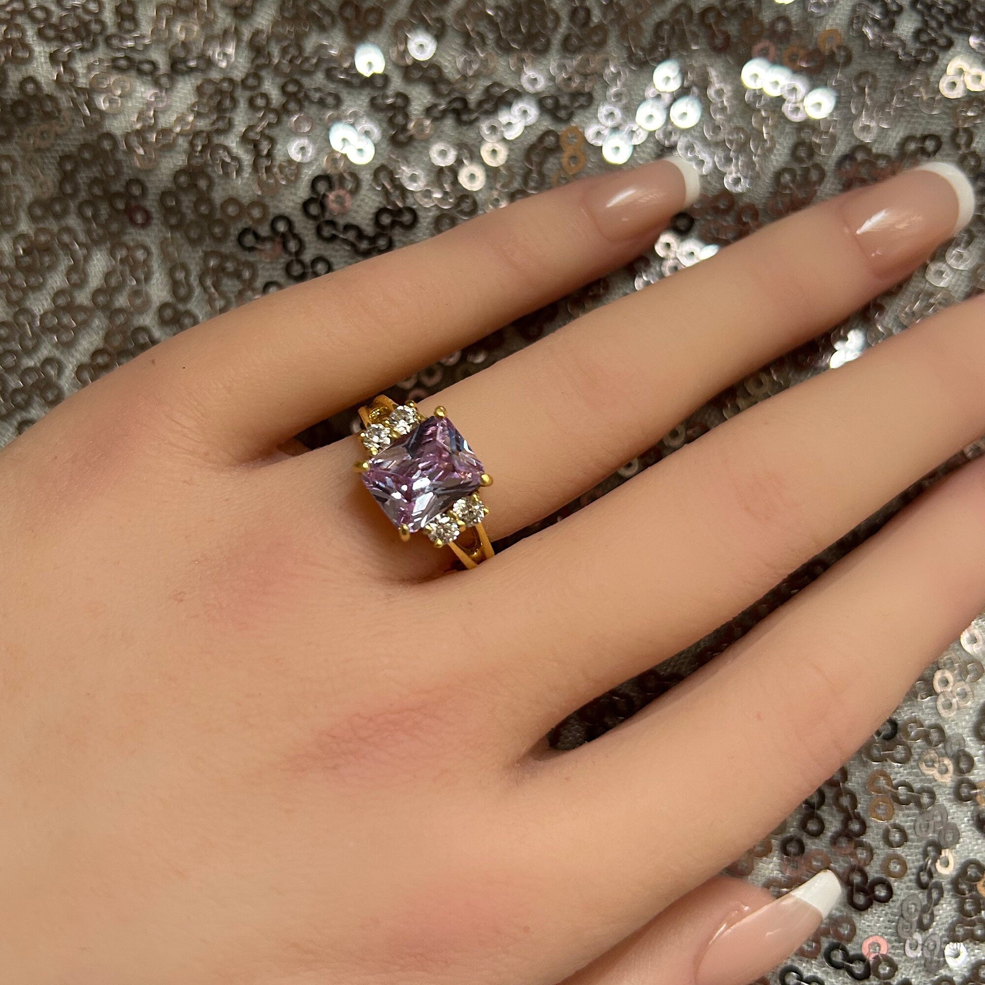 Lavender Amethyst Ring - Statement Engagement Ring with Octagon Lavender Amethyst Gemstone and Clear Quartz Accents - H.L.Jewelry