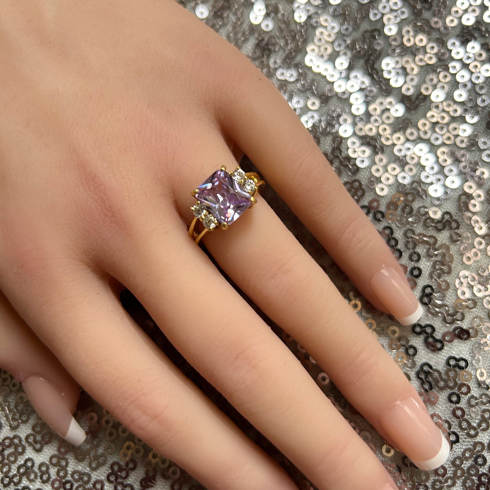 Lavender Amethyst Ring - Statement Engagement Ring with Octagon Lavender Amethyst Gemstone and Clear Quartz Accents - H.L.Jewelry