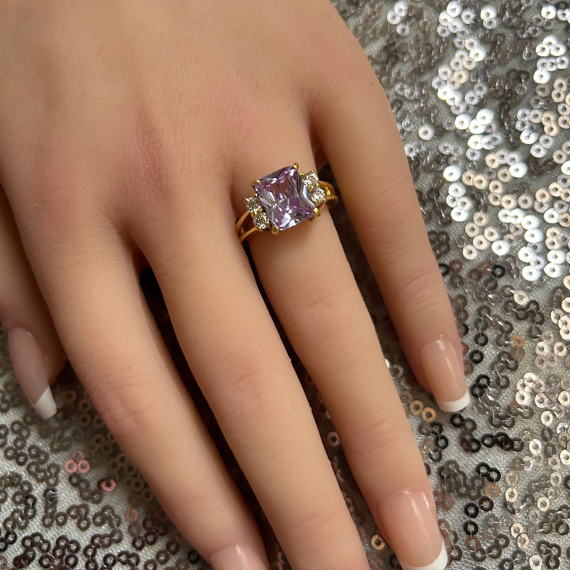 Lavender Amethyst Ring - Statement Engagement Ring with Octagon Lavender Amethyst Gemstone and Clear Quartz Accents - H.L.Jewelry