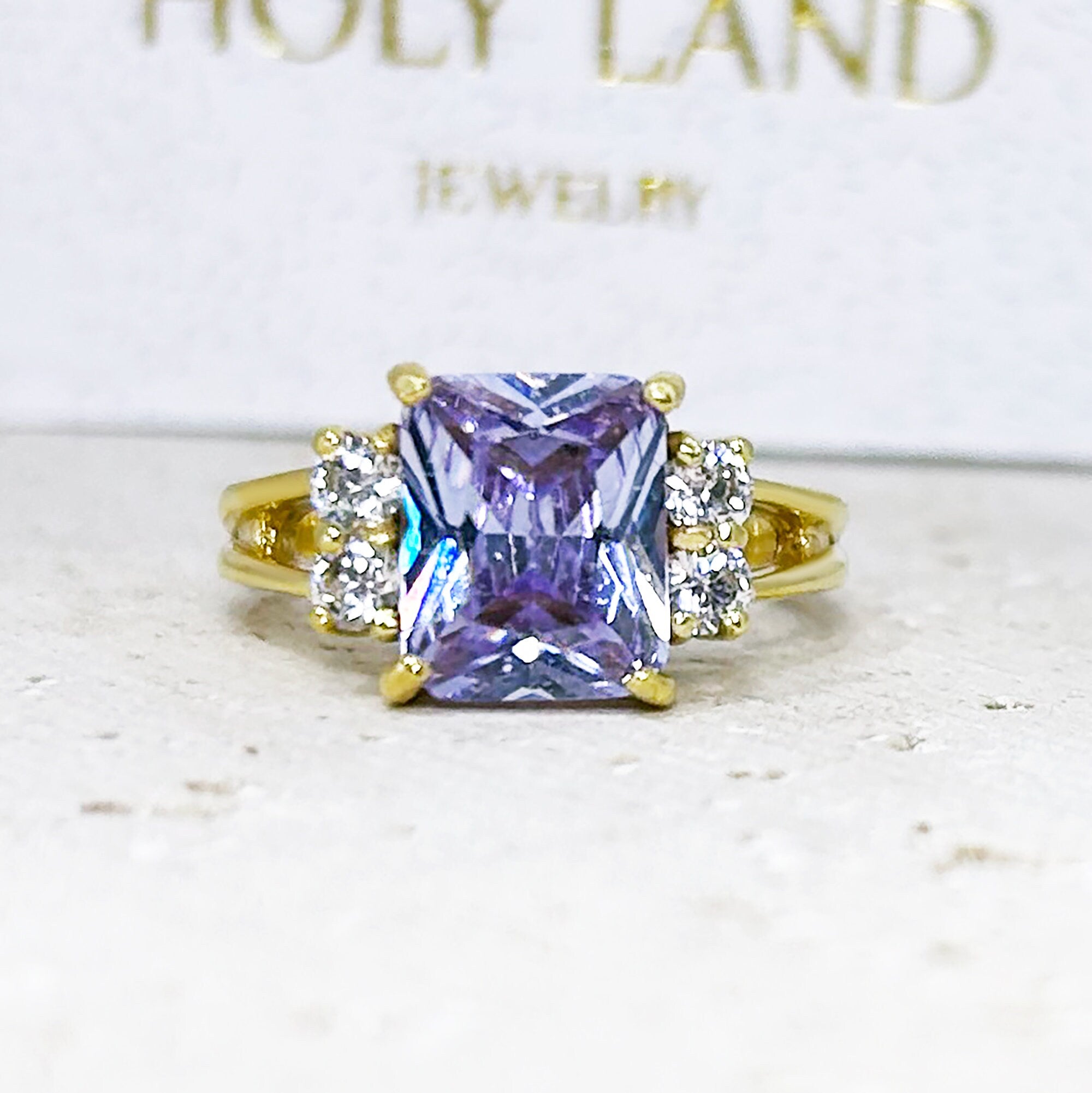 Lavender Amethyst Ring - Statement Engagement Ring with Octagon Lavender Amethyst Gemstone and Clear Quartz Accents - H.L.Jewelry