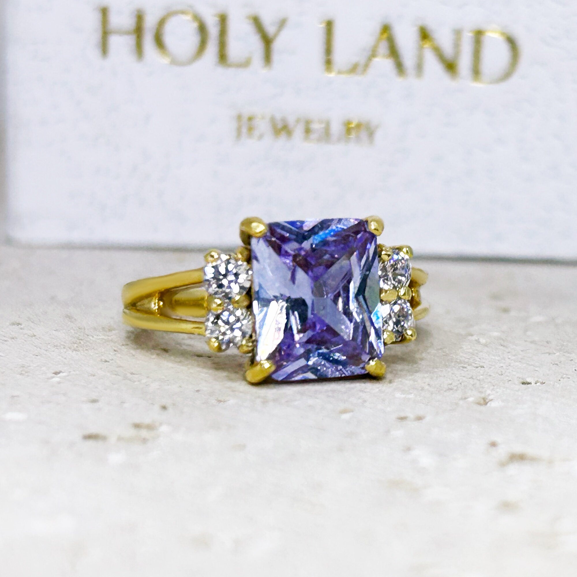 Lavender Amethyst Ring - Statement Engagement Ring with Octagon Lavender Amethyst Gemstone and Clear Quartz Accents - H.L.Jewelry