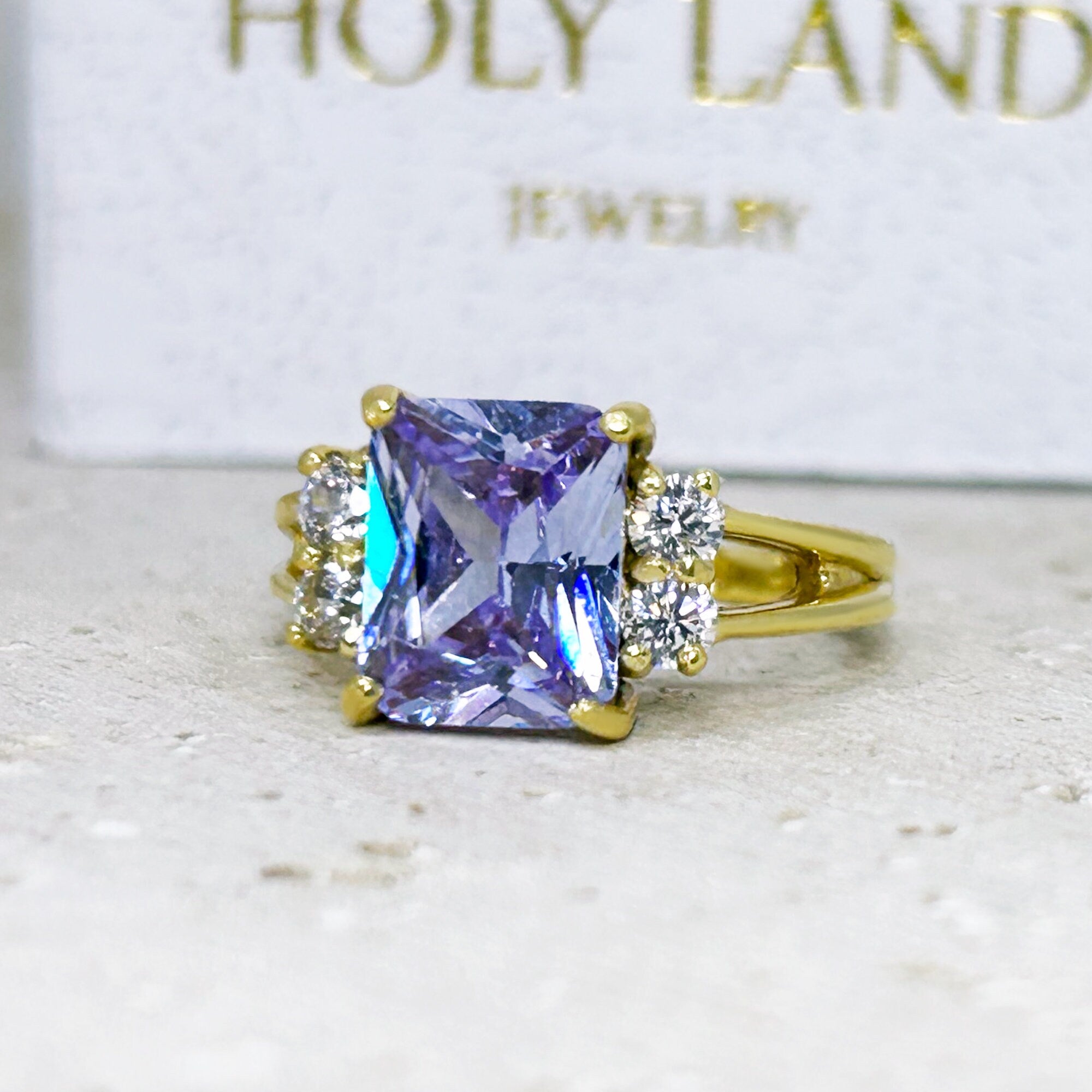 Lavender Amethyst Ring - Statement Engagement Ring with Octagon Lavender Amethyst Gemstone and Clear Quartz Accents - H.L.Jewelry