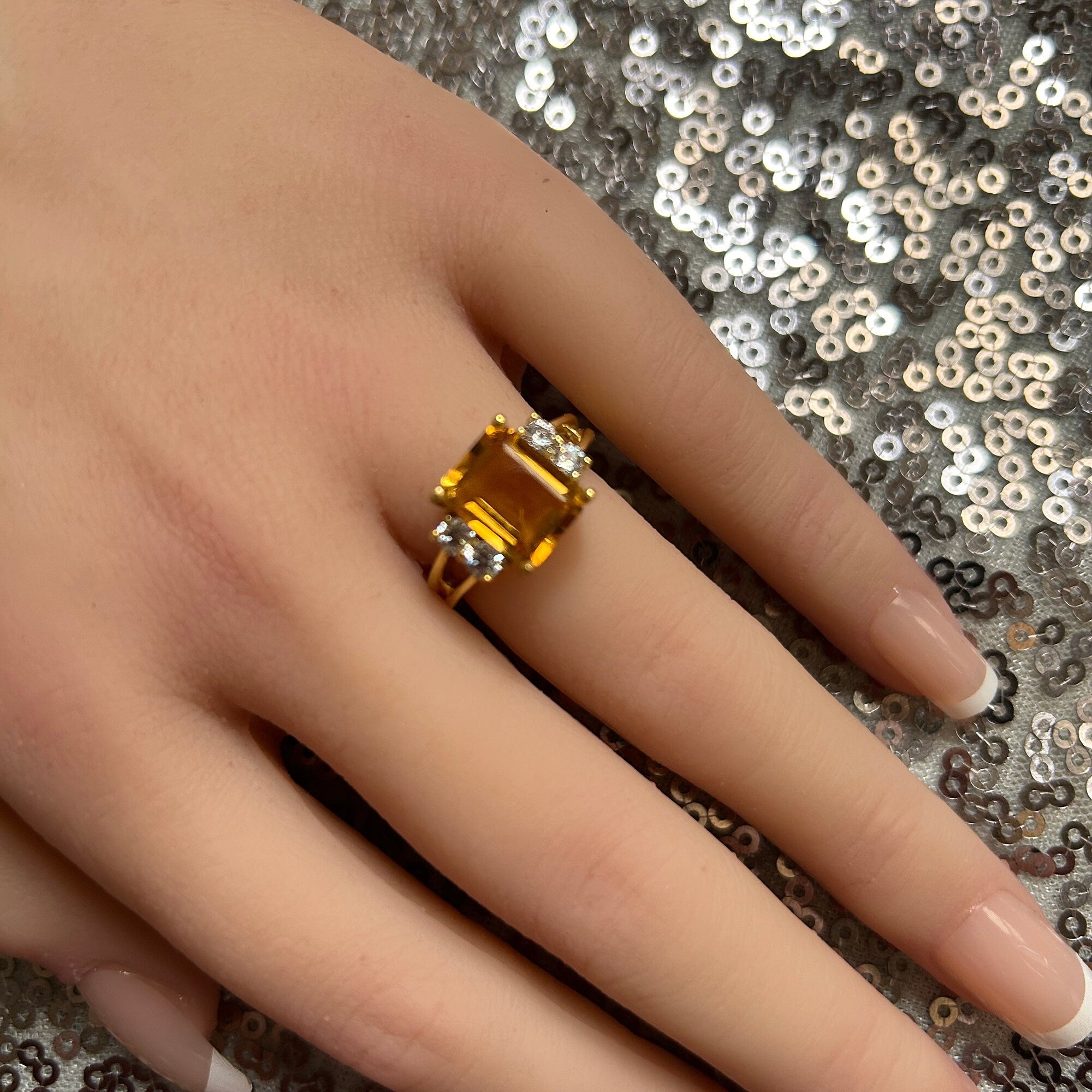 Citrine ring - November Birthstone Jewelry - Octagon Citrine Gemstone Statement Engagement Ring with Clear Quartz Accents - H.L.Jewelry