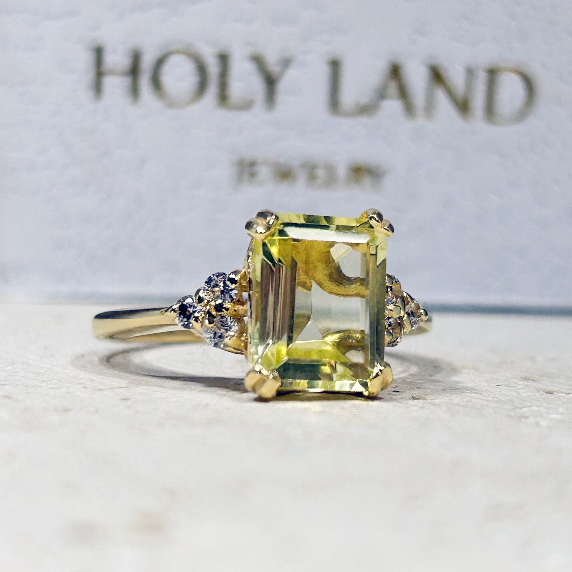 Lemon Quartz Ring - Statement Engagement Ring with Octagon Lemon Quartz Gemstone and Clear Quartz Accents - H.L.Jewelry