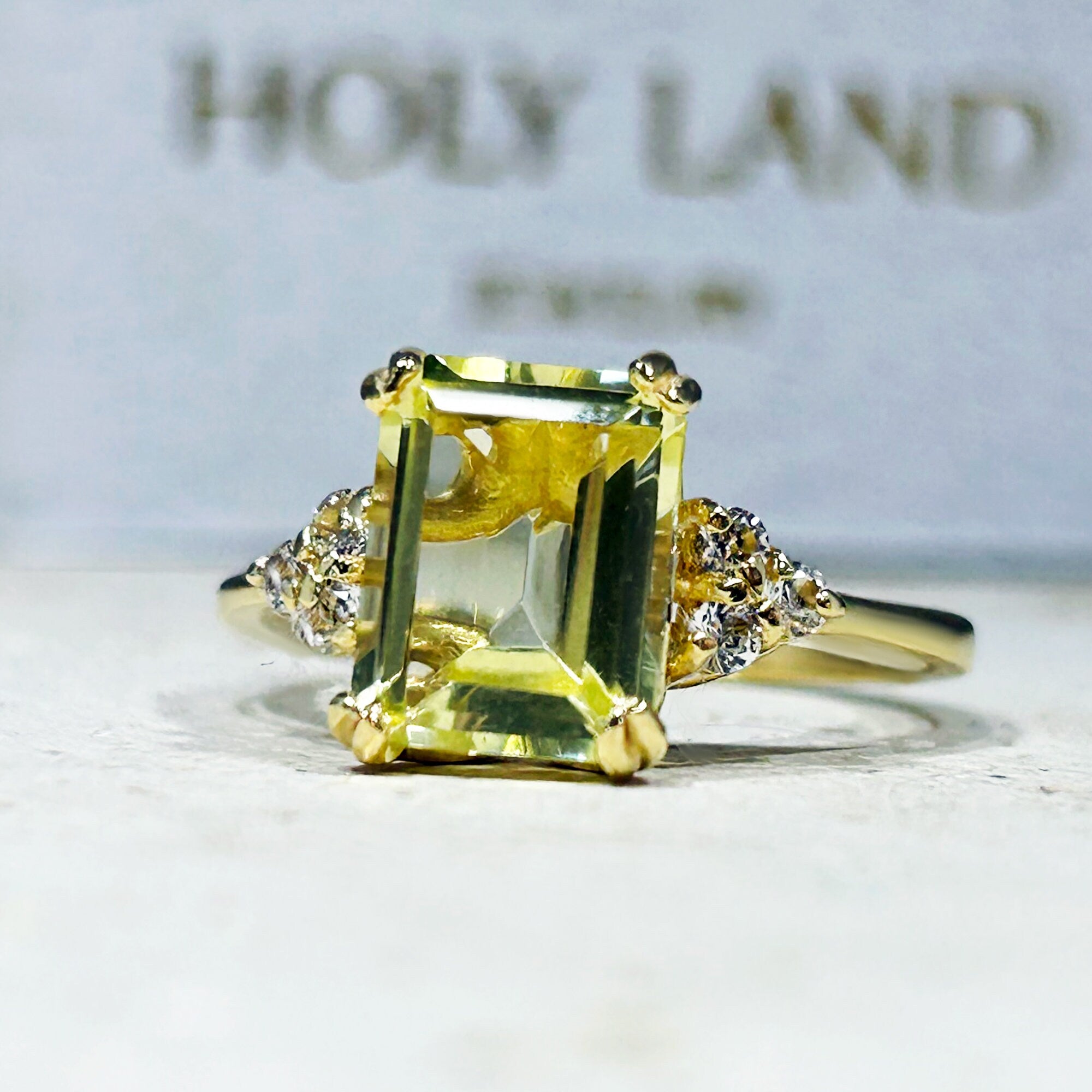 Lemon Quartz Ring - Statement Engagement Ring with Octagon Lemon Quartz Gemstone and Clear Quartz Accents - H.L.Jewelry