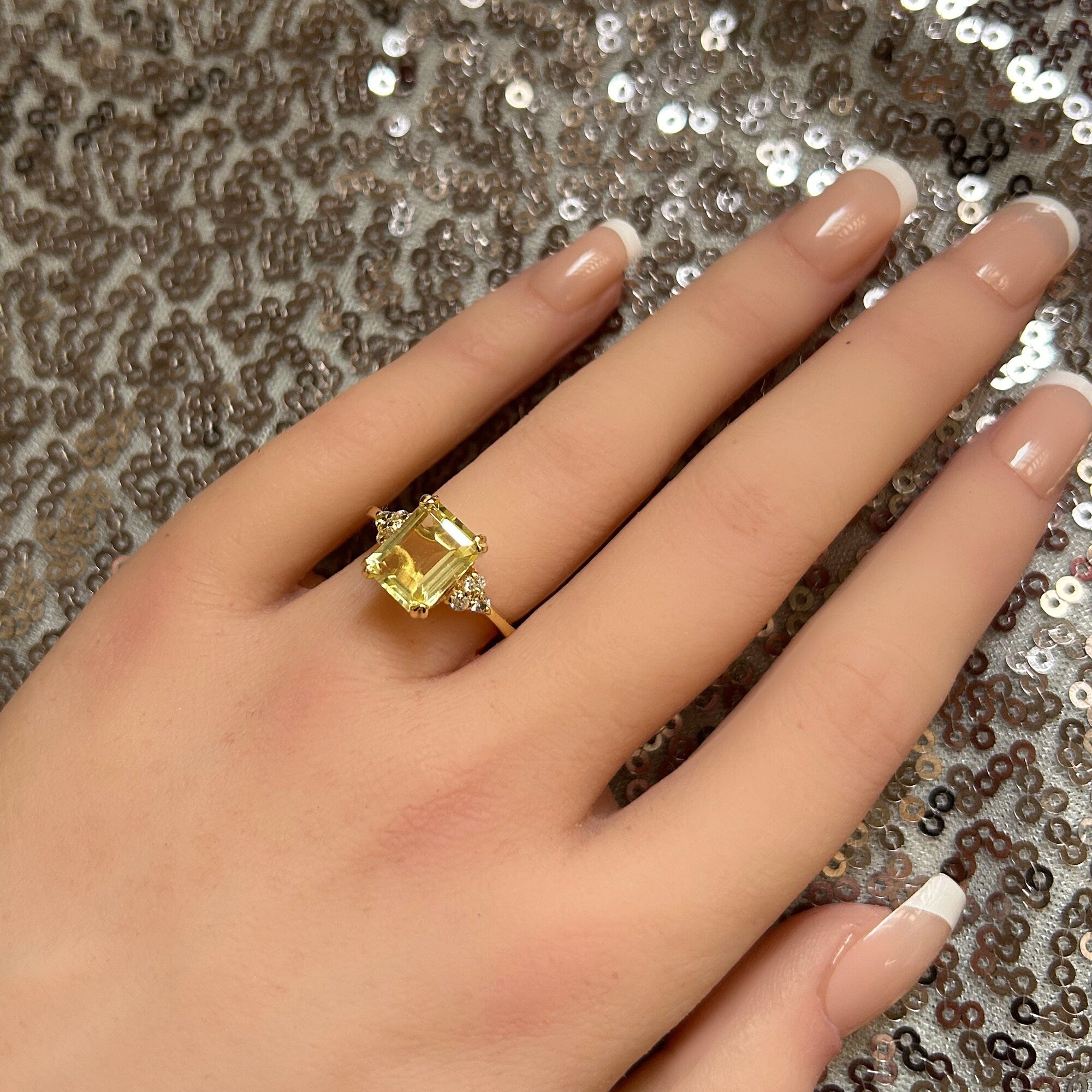 Lemon Quartz Ring - Statement Engagement Ring with Octagon Lemon Quartz Gemstone and Clear Quartz Accents - H.L.Jewelry