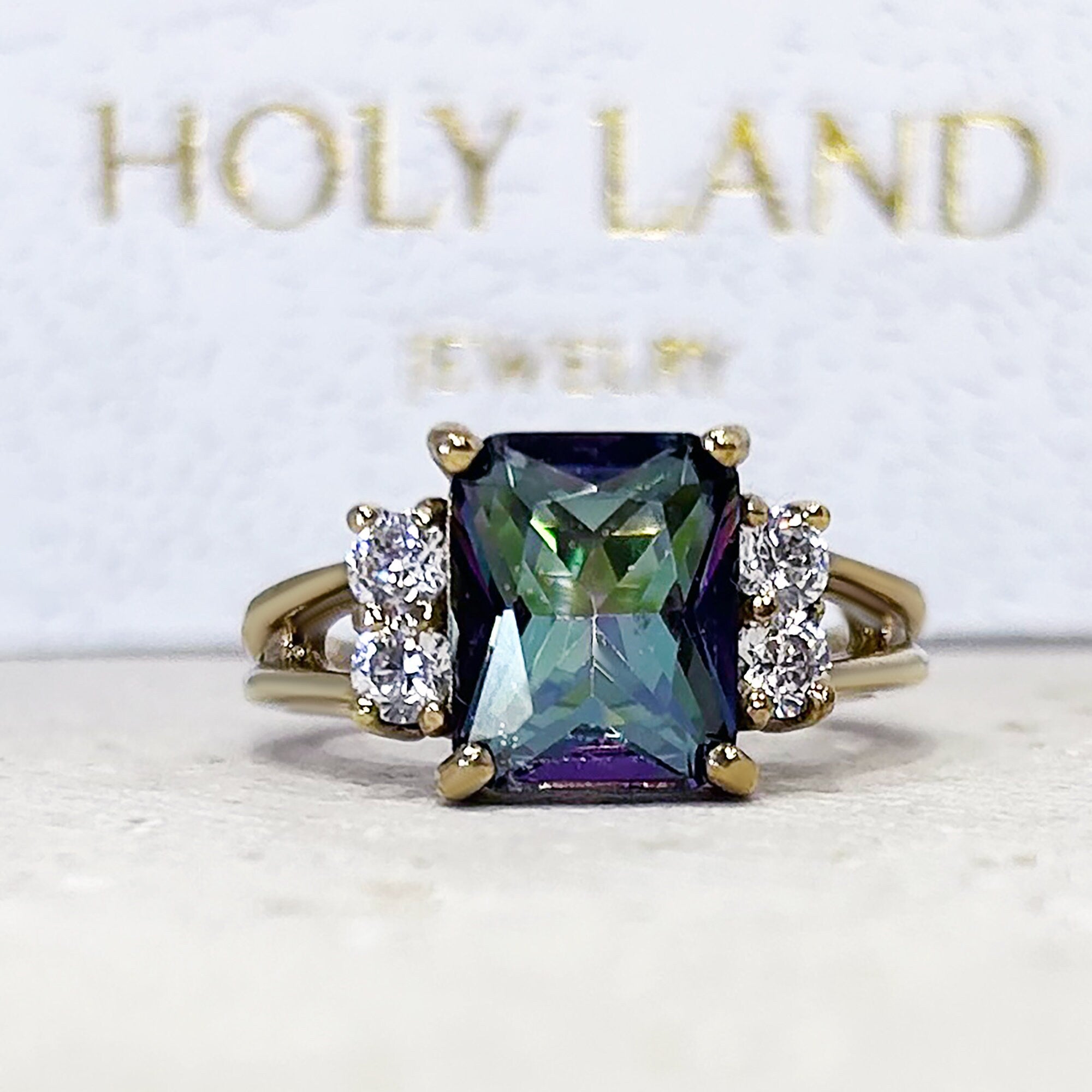 Mystic Topaz Ring - Change Color Ring - Statement Engagement Ring with Octagon Mystic Topaz Gemstone and Clear Quartz Accents - H.L.Jewelry