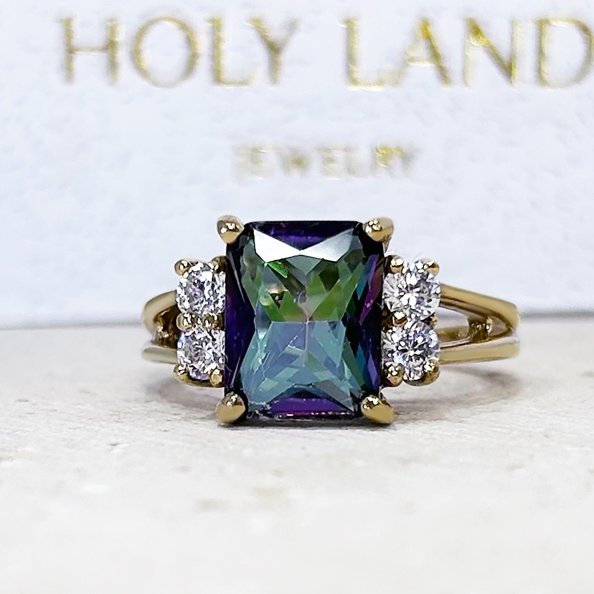 Mystic Topaz Ring - Change Color Ring - Statement Engagement Ring with Octagon Mystic Topaz Gemstone and Clear Quartz Accents - H.L.Jewelry