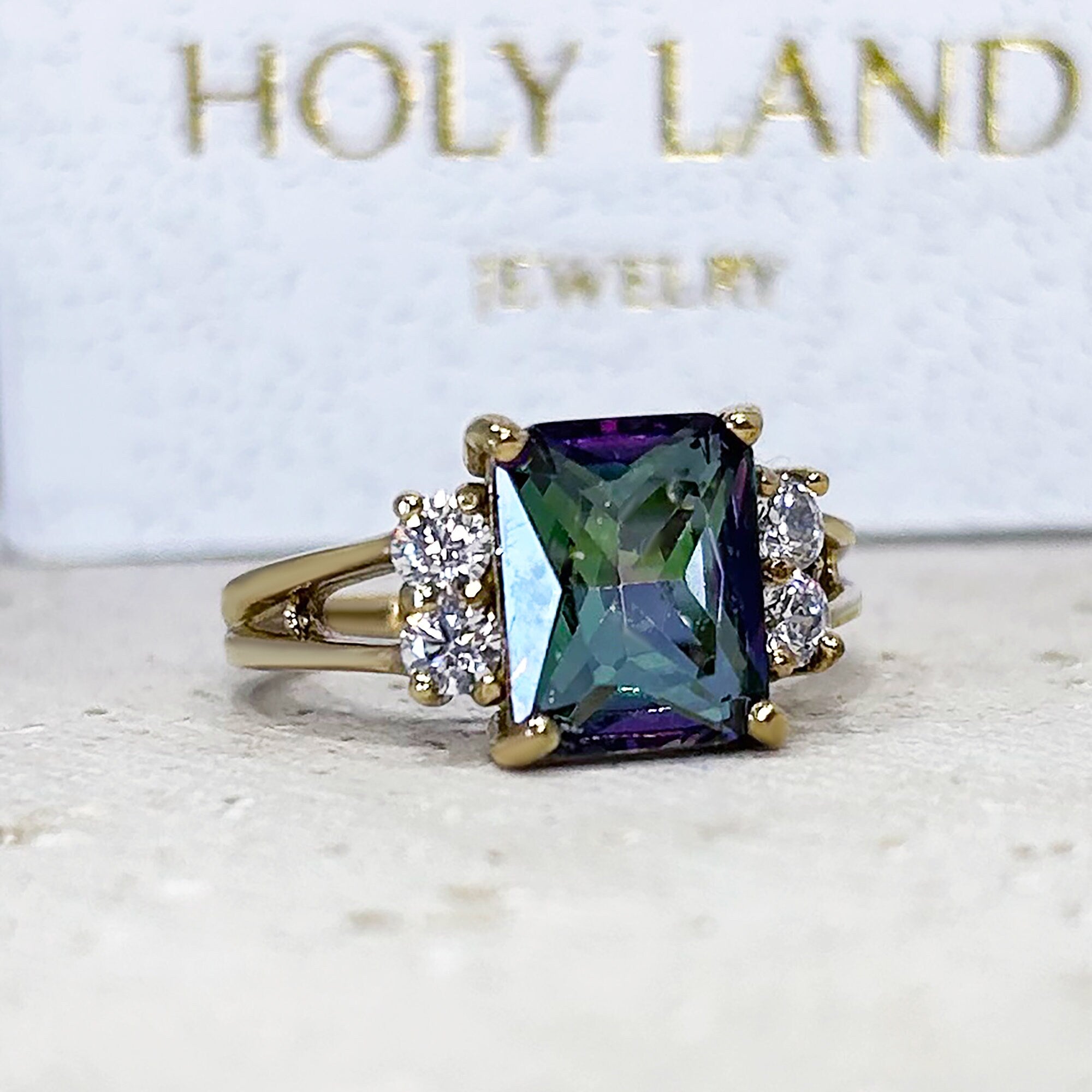 Mystic Topaz Ring - Change Color Ring - Statement Engagement Ring with Octagon Mystic Topaz Gemstone and Clear Quartz Accents - H.L.Jewelry