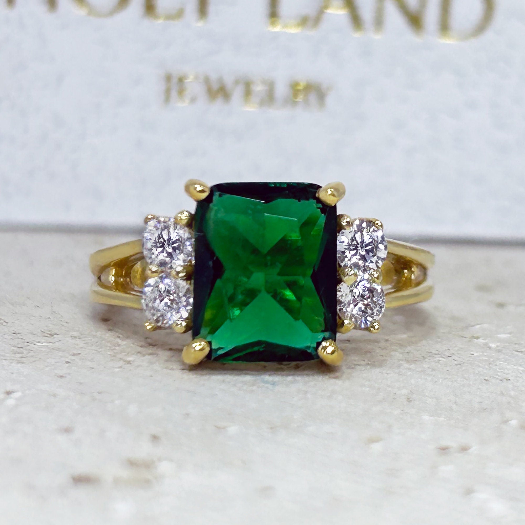 Emerald Ring - May Birthstone - Statement Engagement Ring with Octagon Emerald Gemstone and Clear Quartz Accents - H.L.Jewelry