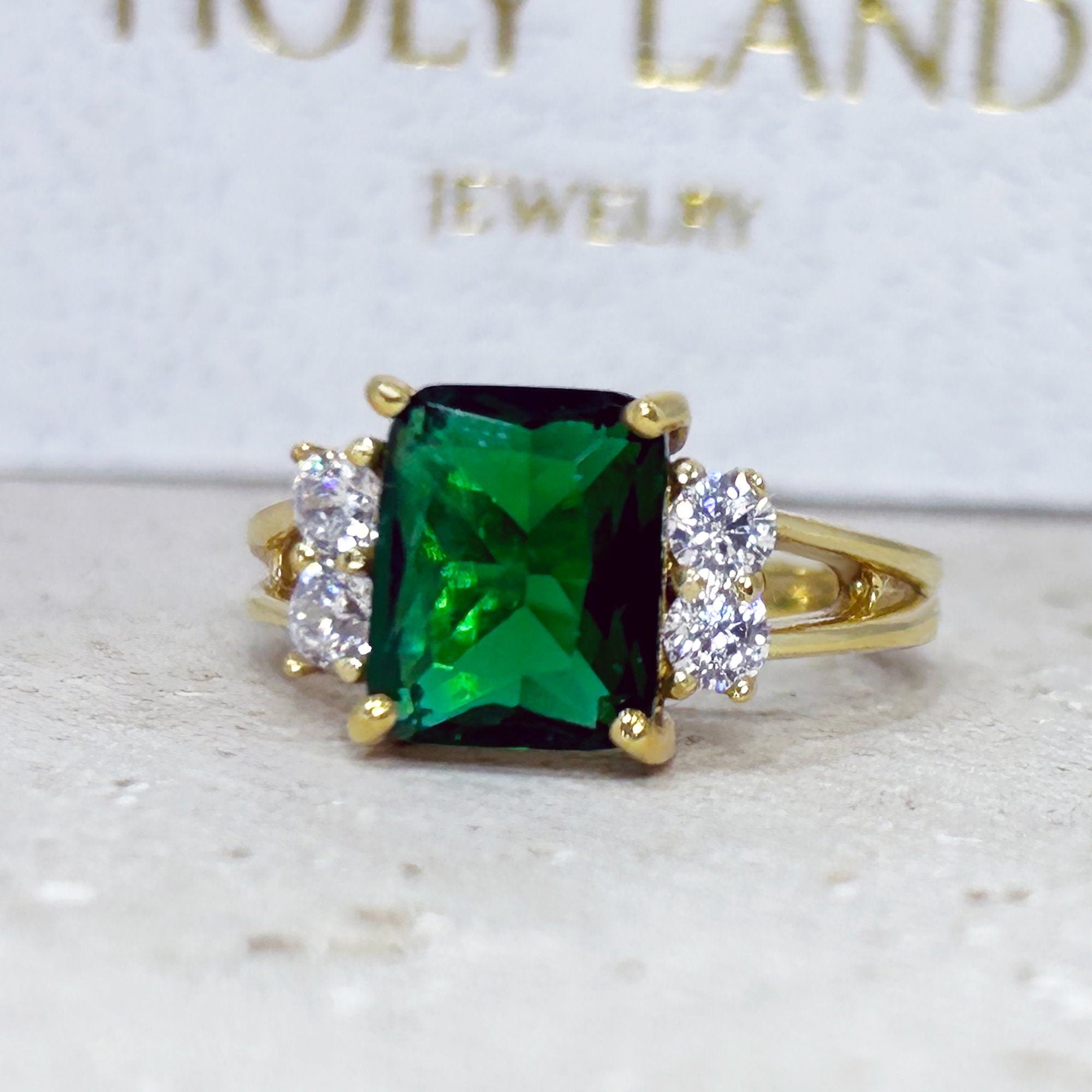 Emerald Ring - May Birthstone - Statement Engagement Ring with Octagon Emerald Gemstone and Clear Quartz Accents - H.L.Jewelry