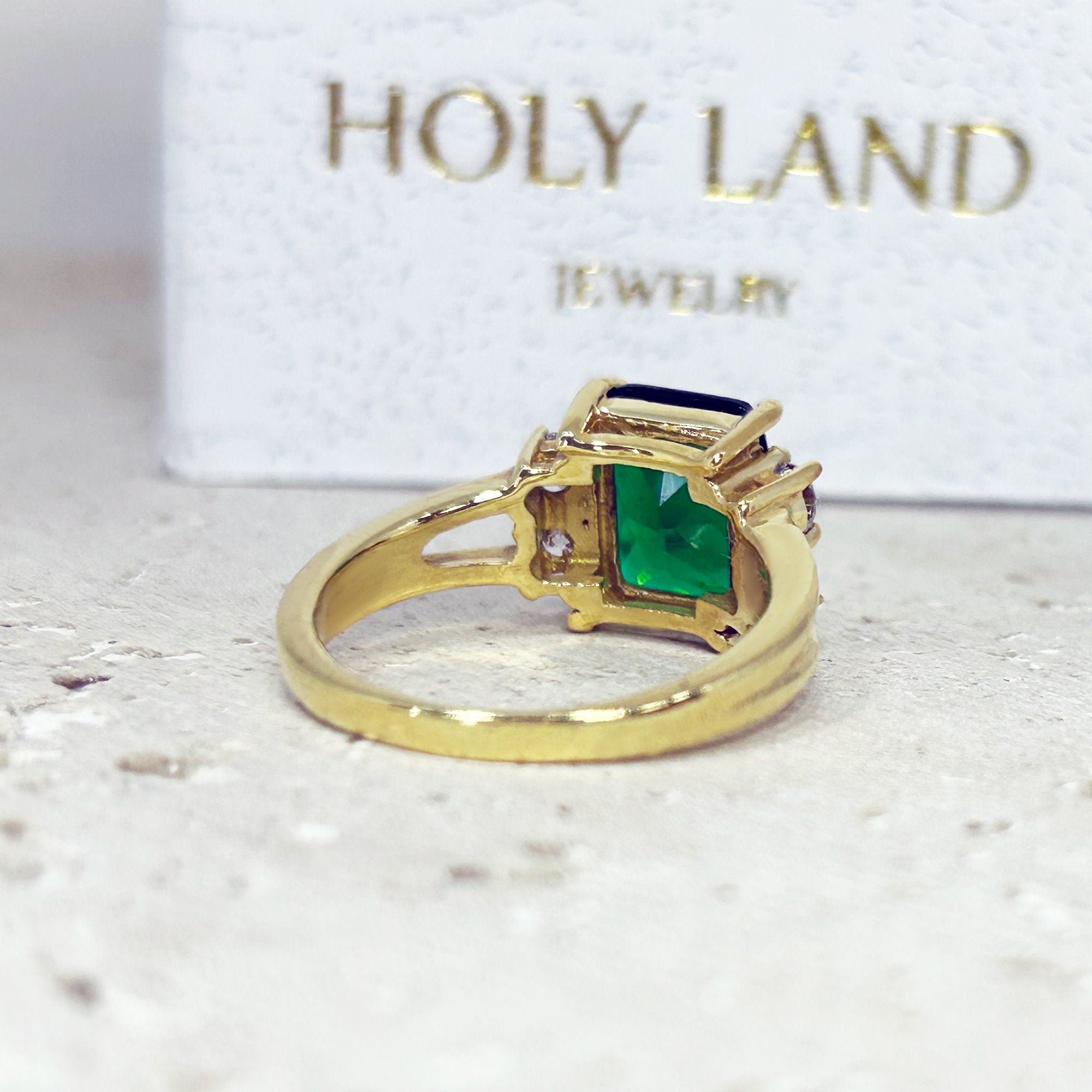 Emerald Ring - May Birthstone - Statement Engagement Ring with Octagon Emerald Gemstone and Clear Quartz Accents - H.L.Jewelry