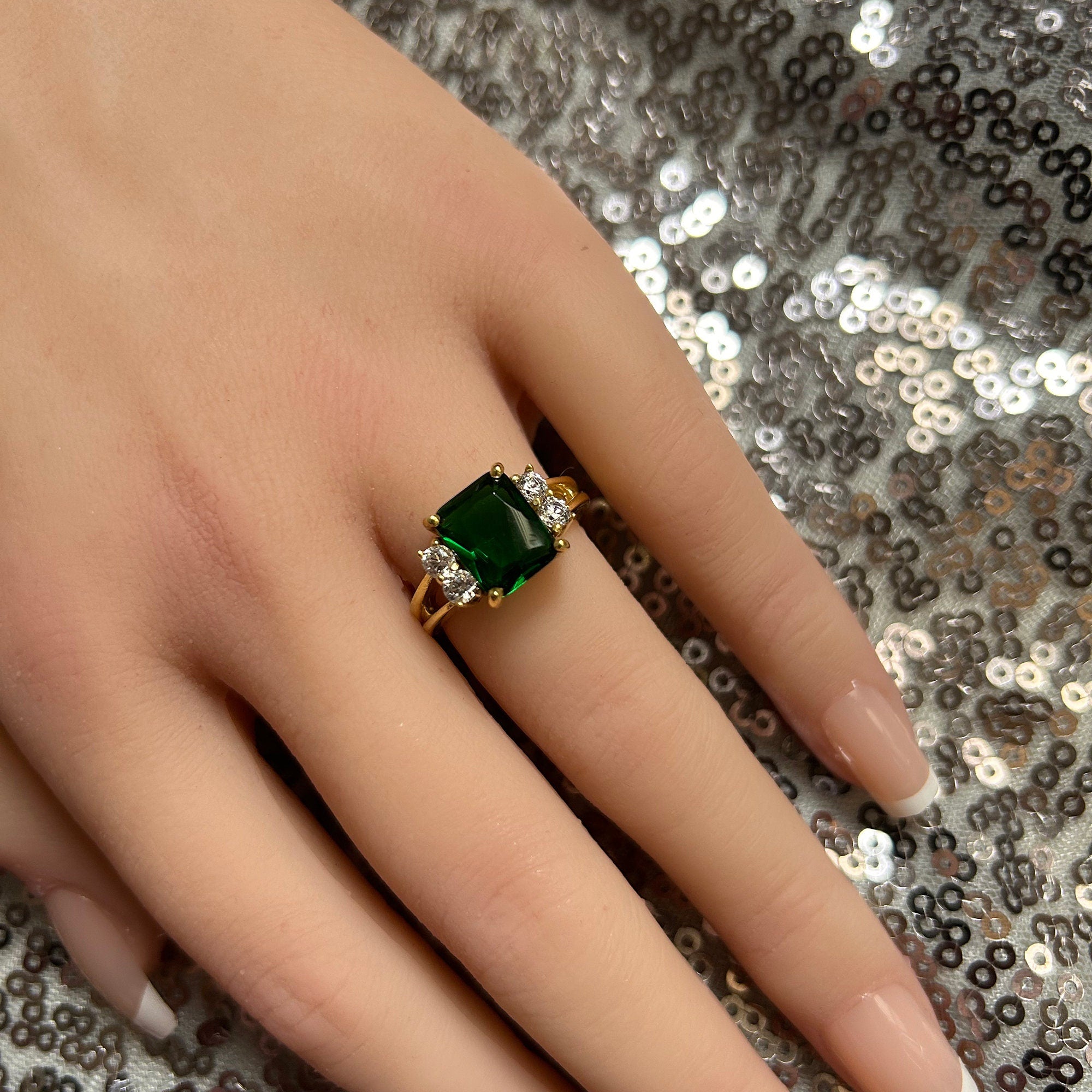 Emerald Ring - May Birthstone - Statement Engagement Ring with Octagon Emerald Gemstone and Clear Quartz Accents - H.L.Jewelry